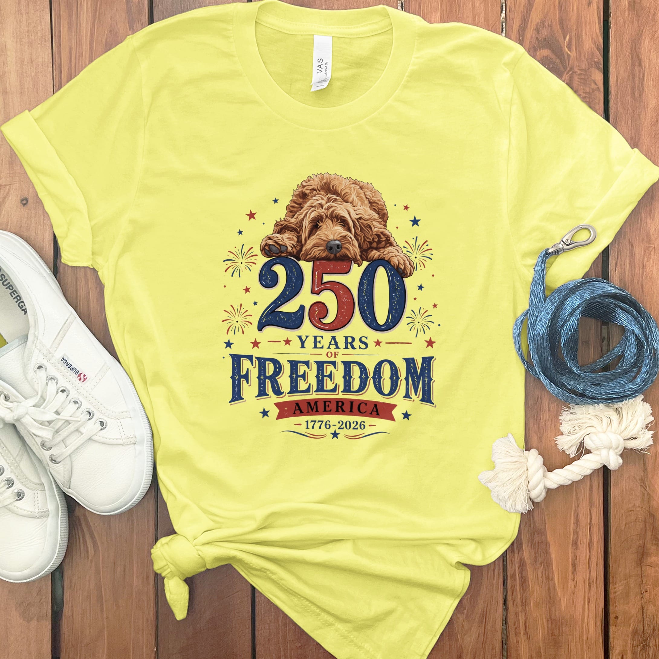 Apricot Goldendoodle Freedom T-Shirt in Yellow / S by Puppy Jo