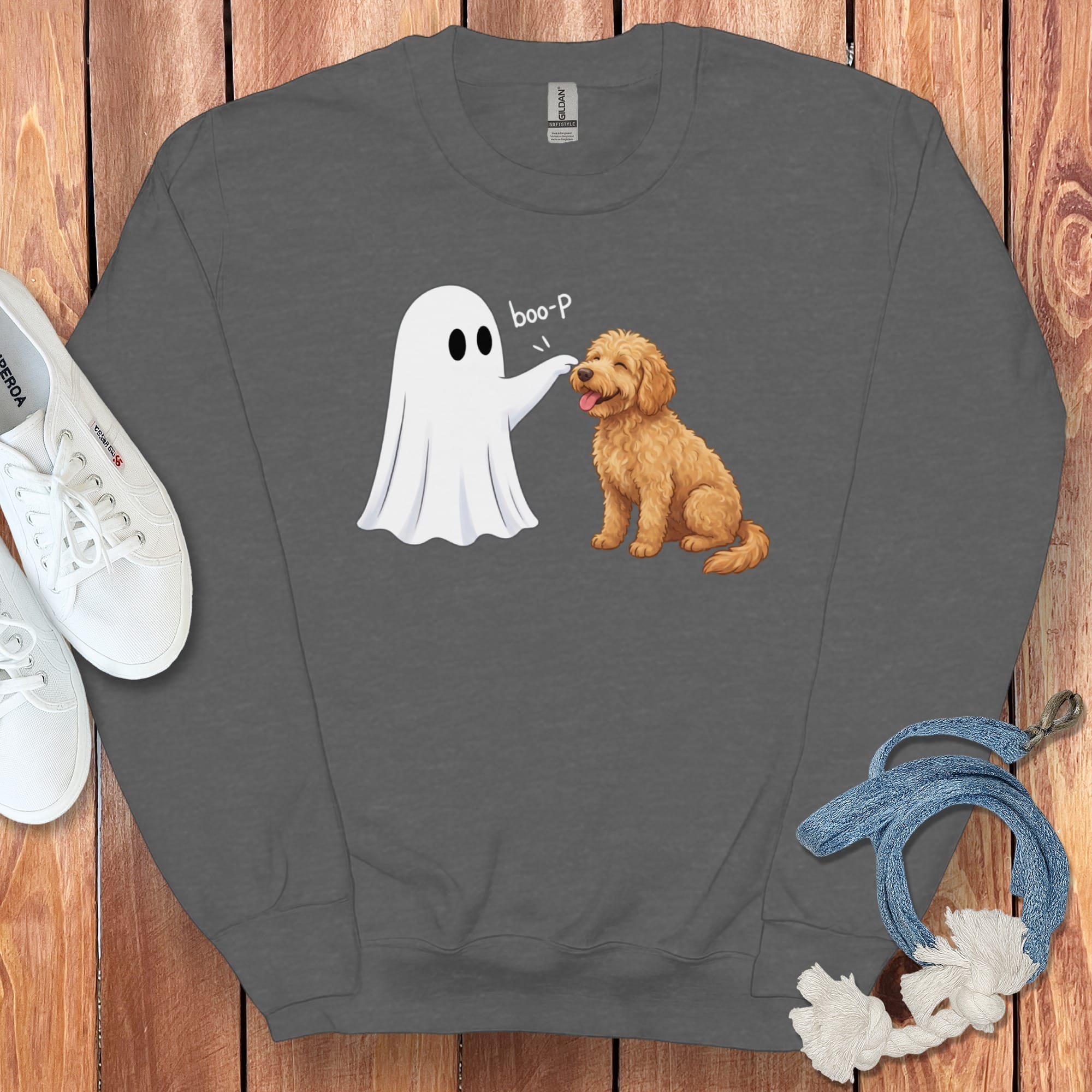 Apricot Goldendoodle Ghost Boop Sweatshirt in S / Dark Heather by Puppy Jo