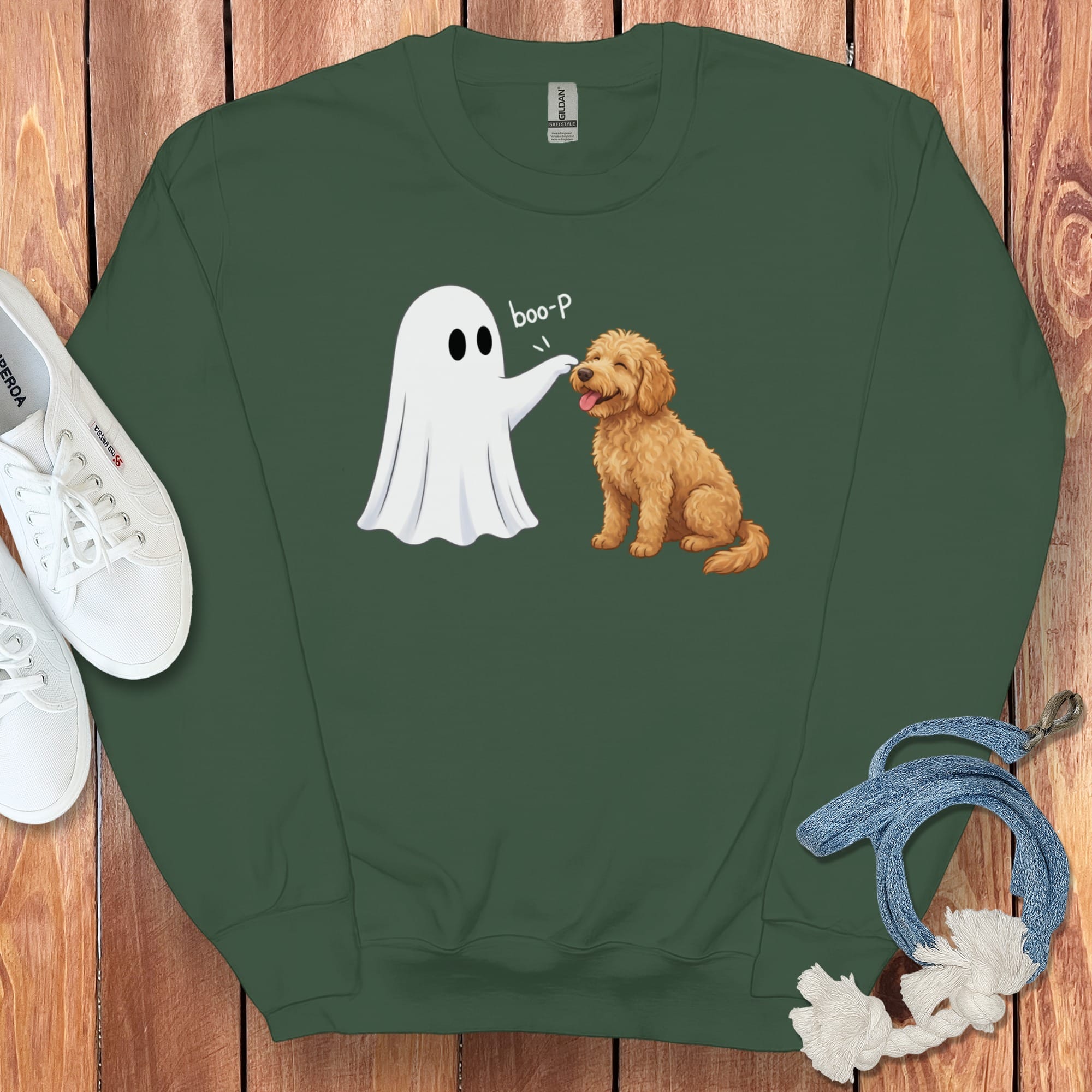 Apricot Goldendoodle Ghost Boop Sweatshirt in S / Forest Green by Puppy Jo