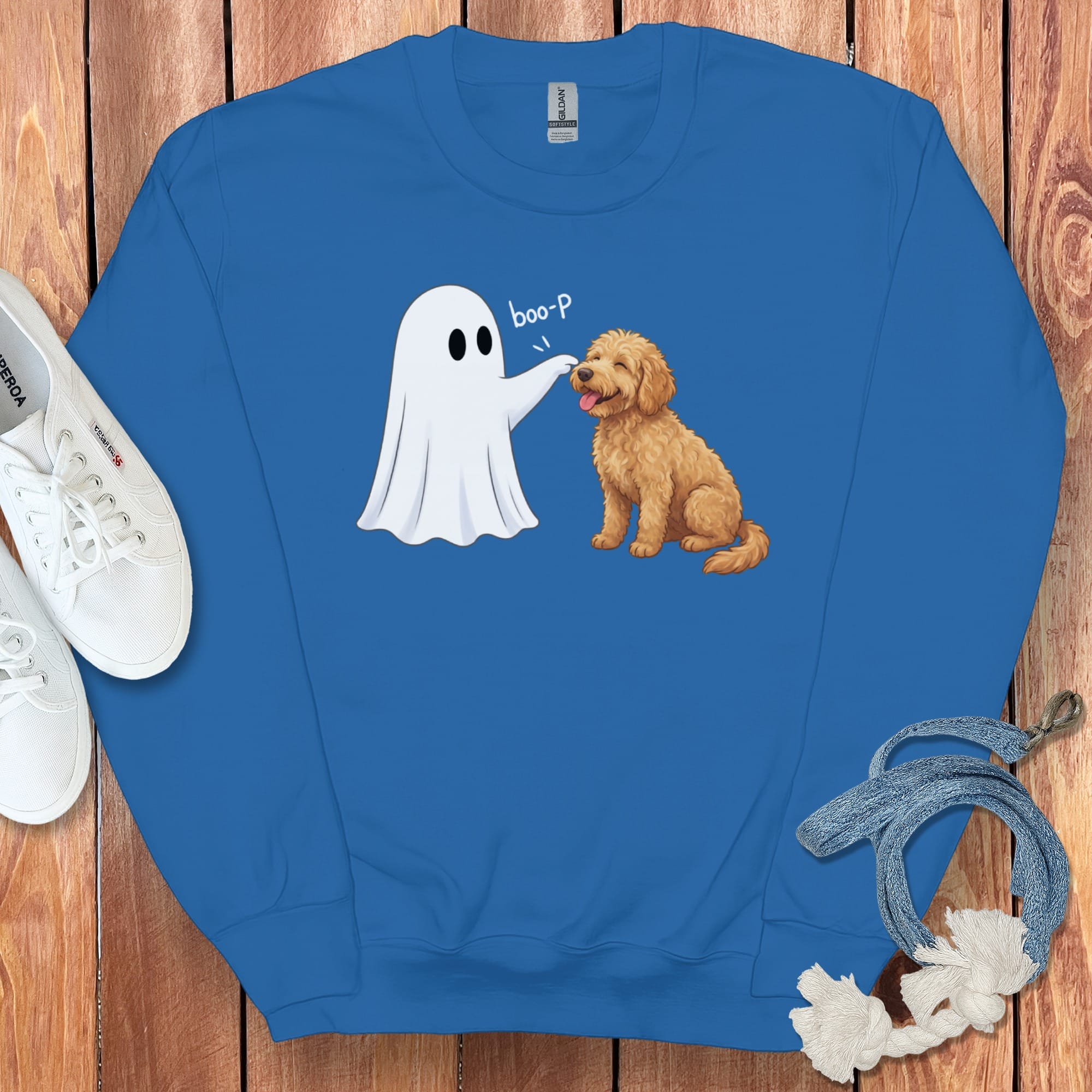 Apricot Goldendoodle Ghost Boop Sweatshirt in S / Royal by Puppy Jo