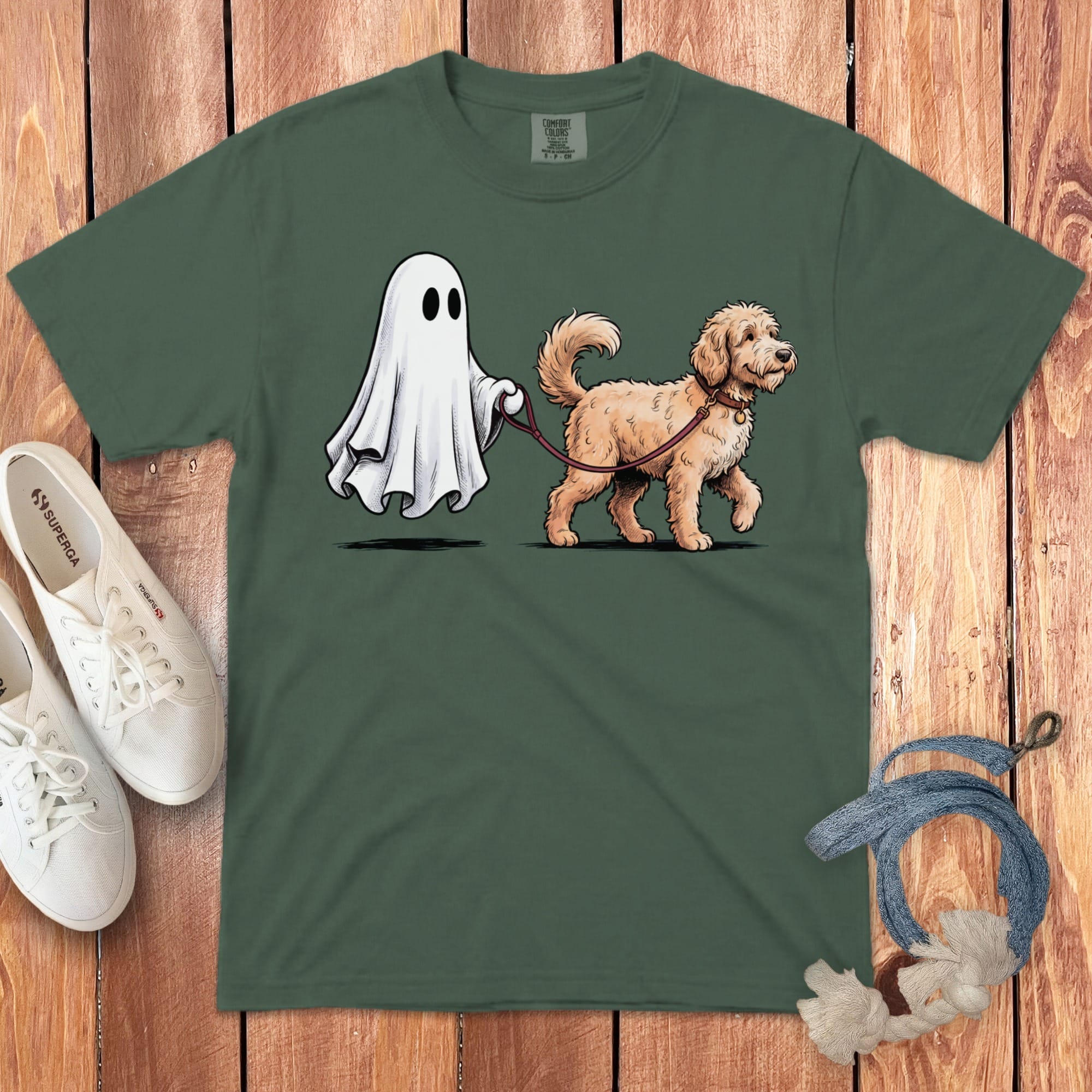 Apricot Goldendoodle Ghost Walk Signature T-Shirt in Blue Spruce / S by Puppy Jo