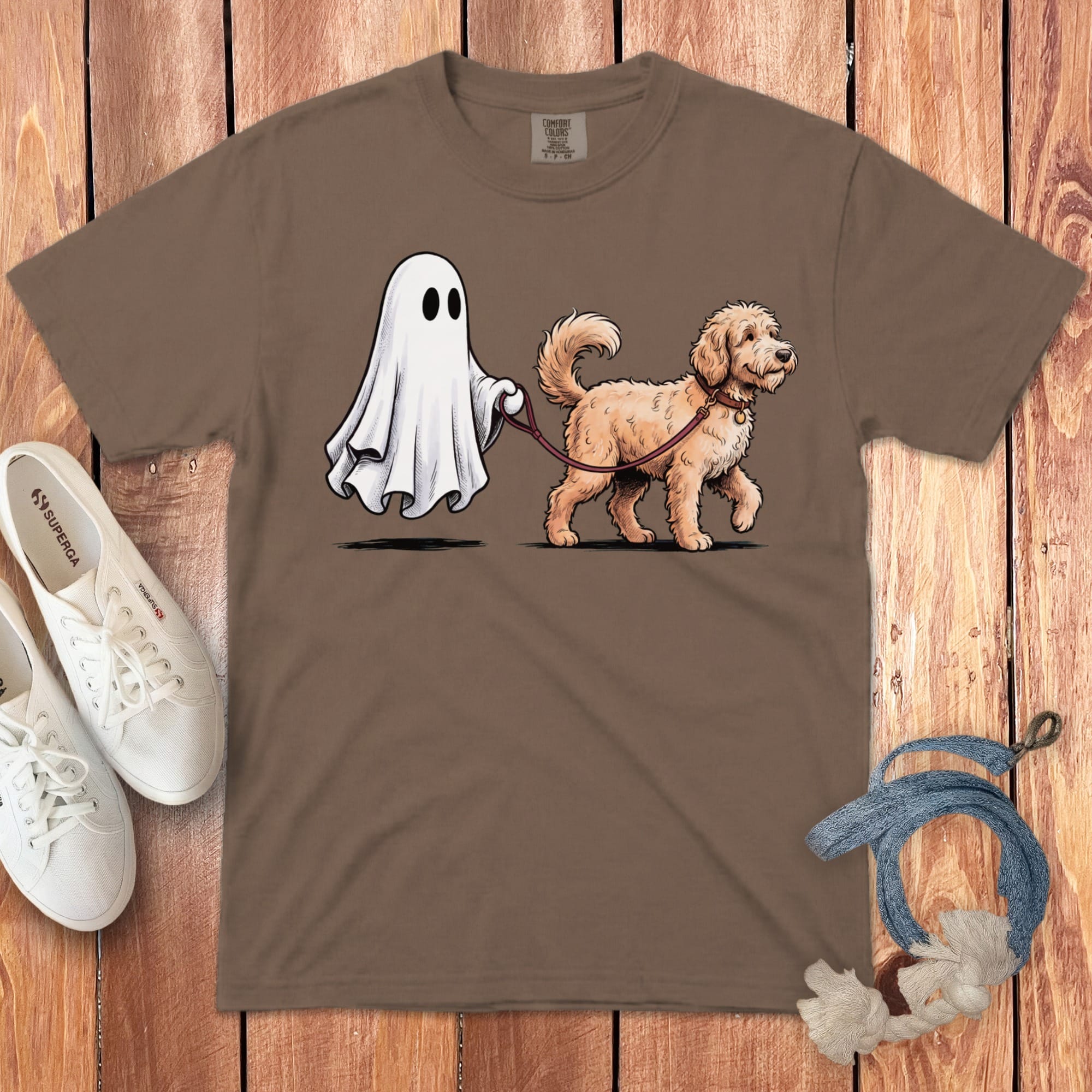 Apricot Goldendoodle Ghost Walk Signature T-Shirt in Espresso / S by Puppy Jo