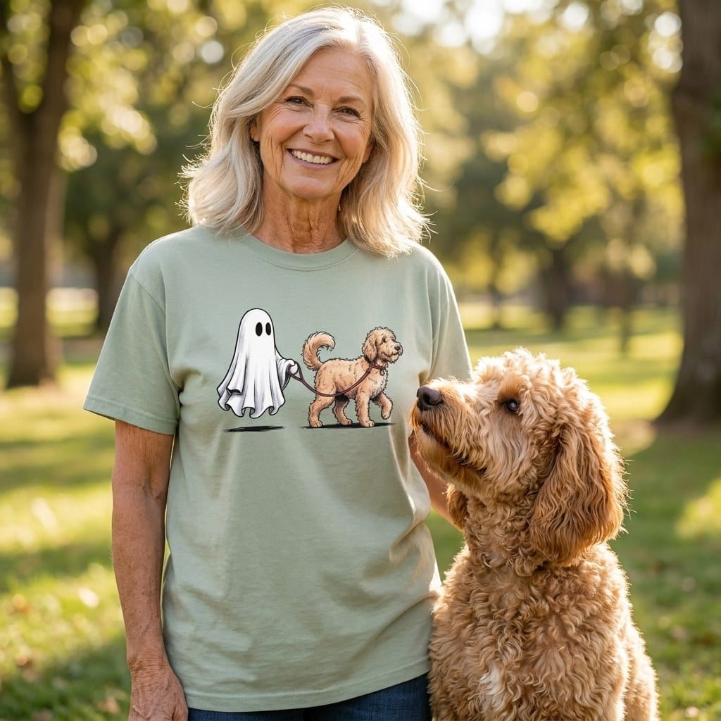 Apricot Goldendoodle Ghost Walk Signature T-Shirt in by Puppy Jo