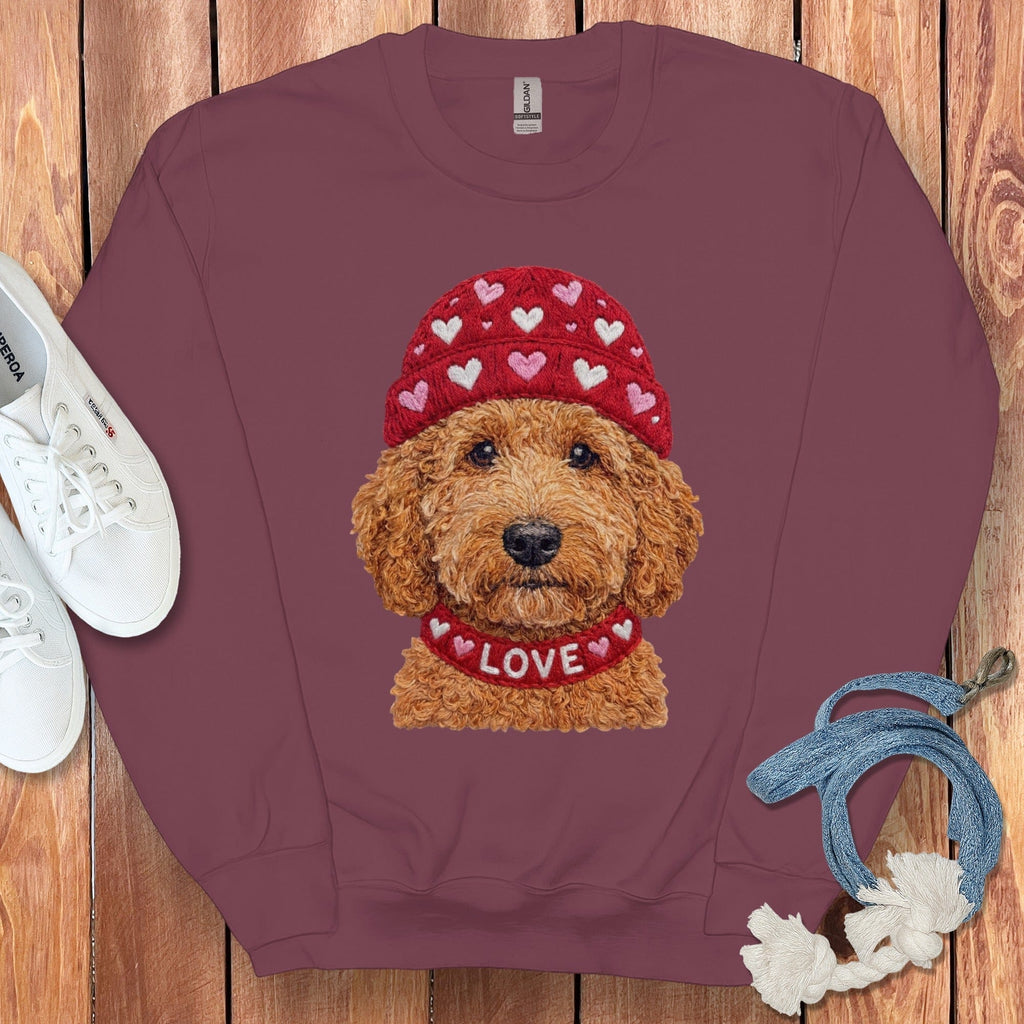 Apricot Goldendoodle Heart Cap Sweatshirt in Maroon / S by Puppy Jo