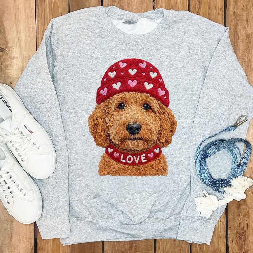 Apricot Goldendoodle Heart Cap Sweatshirt in Sport Grey / S by Puppy Jo