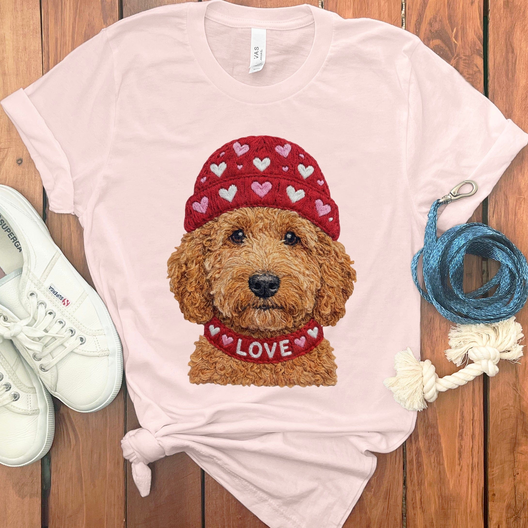 Apricot Goldendoodle Heart Cap T-Shirt in Soft Pink / S by Puppy Jo