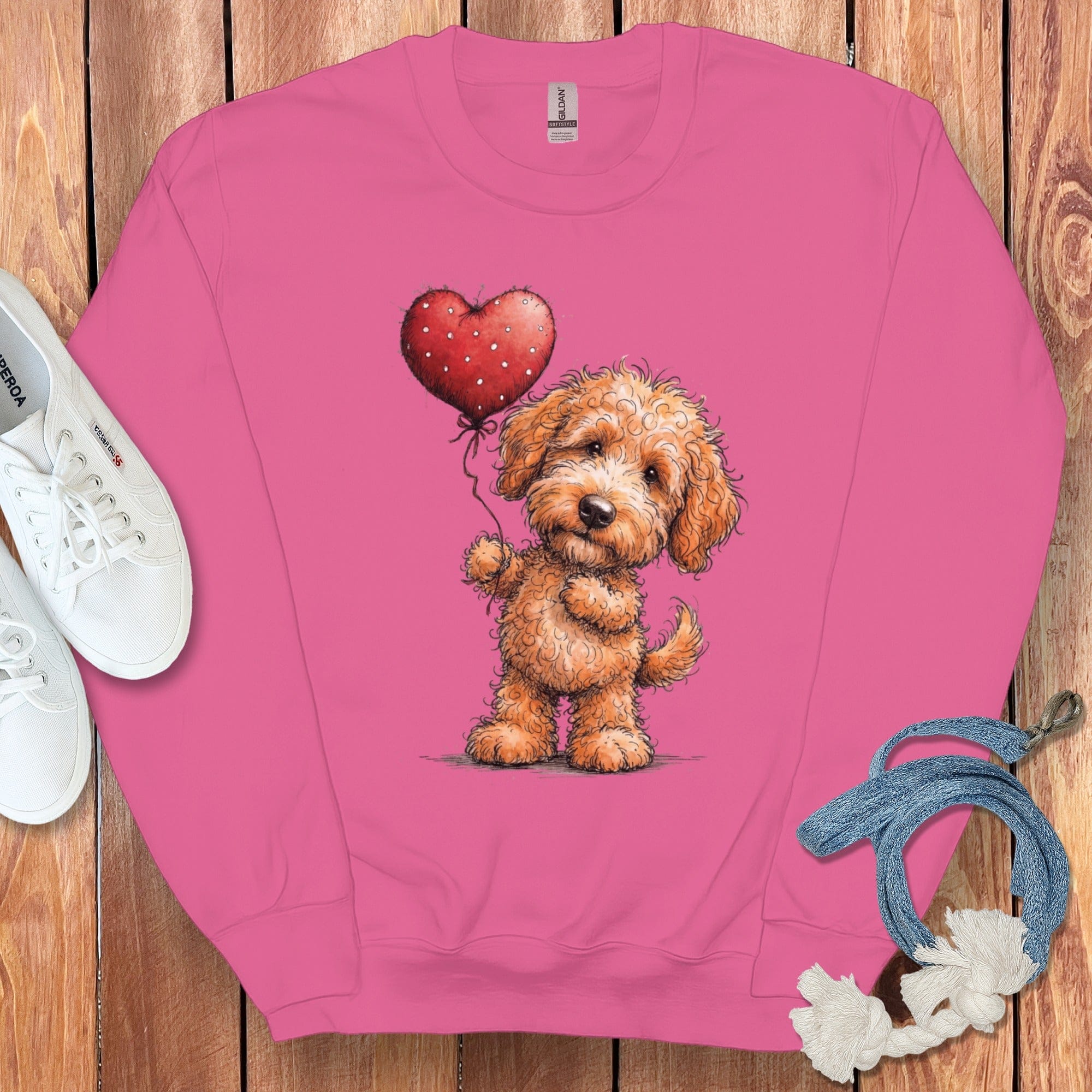 Apricot Goldendoodle Heart Sweatshirt in Heliconia / S by Puppy Jo