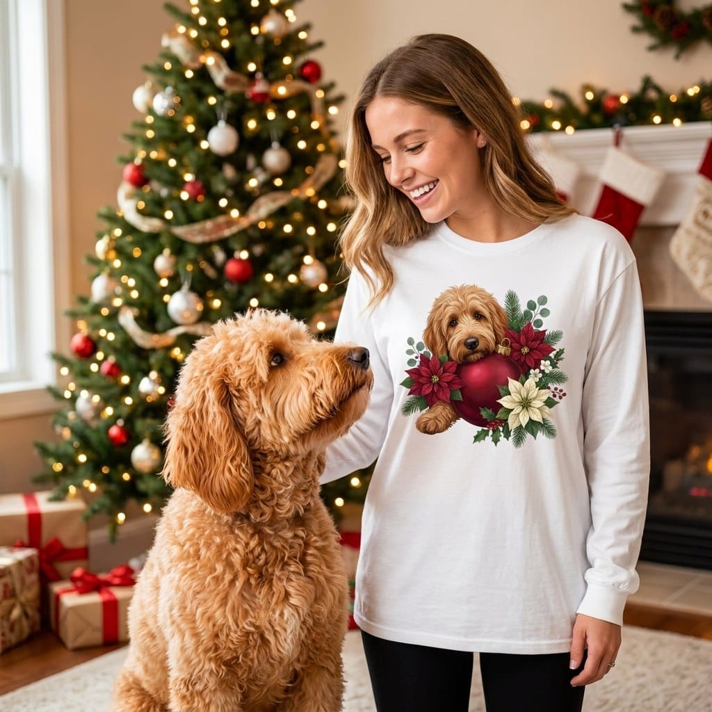 Apricot Goldendoodle Holiday Cheer Long Sleeve T-Shirt in by Puppy Jo