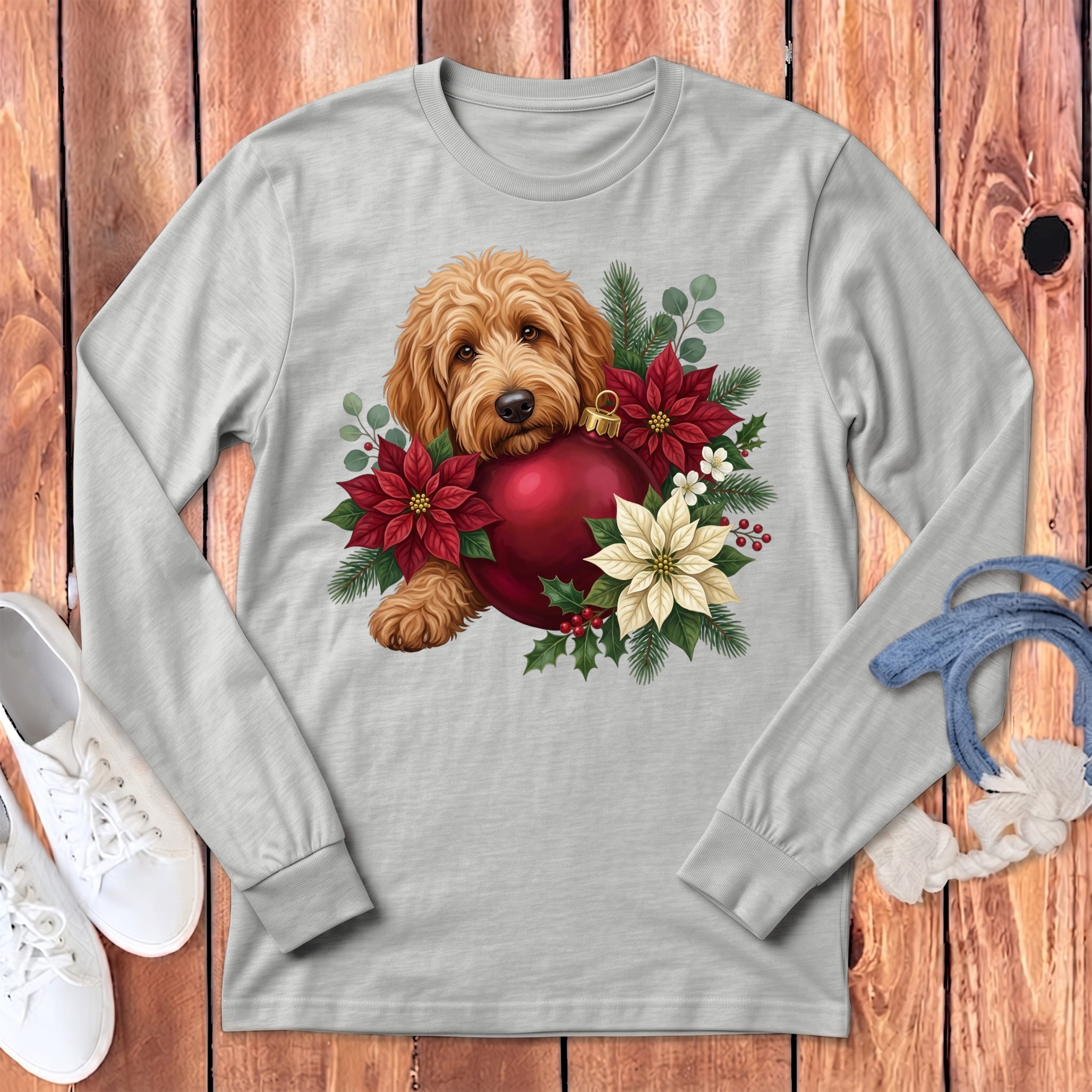Apricot Goldendoodle Holiday Cheer Long Sleeve T-Shirt in S / Athletic Heather by Puppy Jo