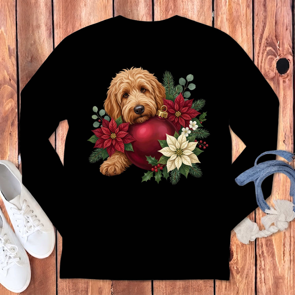 Apricot Goldendoodle Holiday Cheer Long Sleeve T-Shirt in S / Black by Puppy Jo