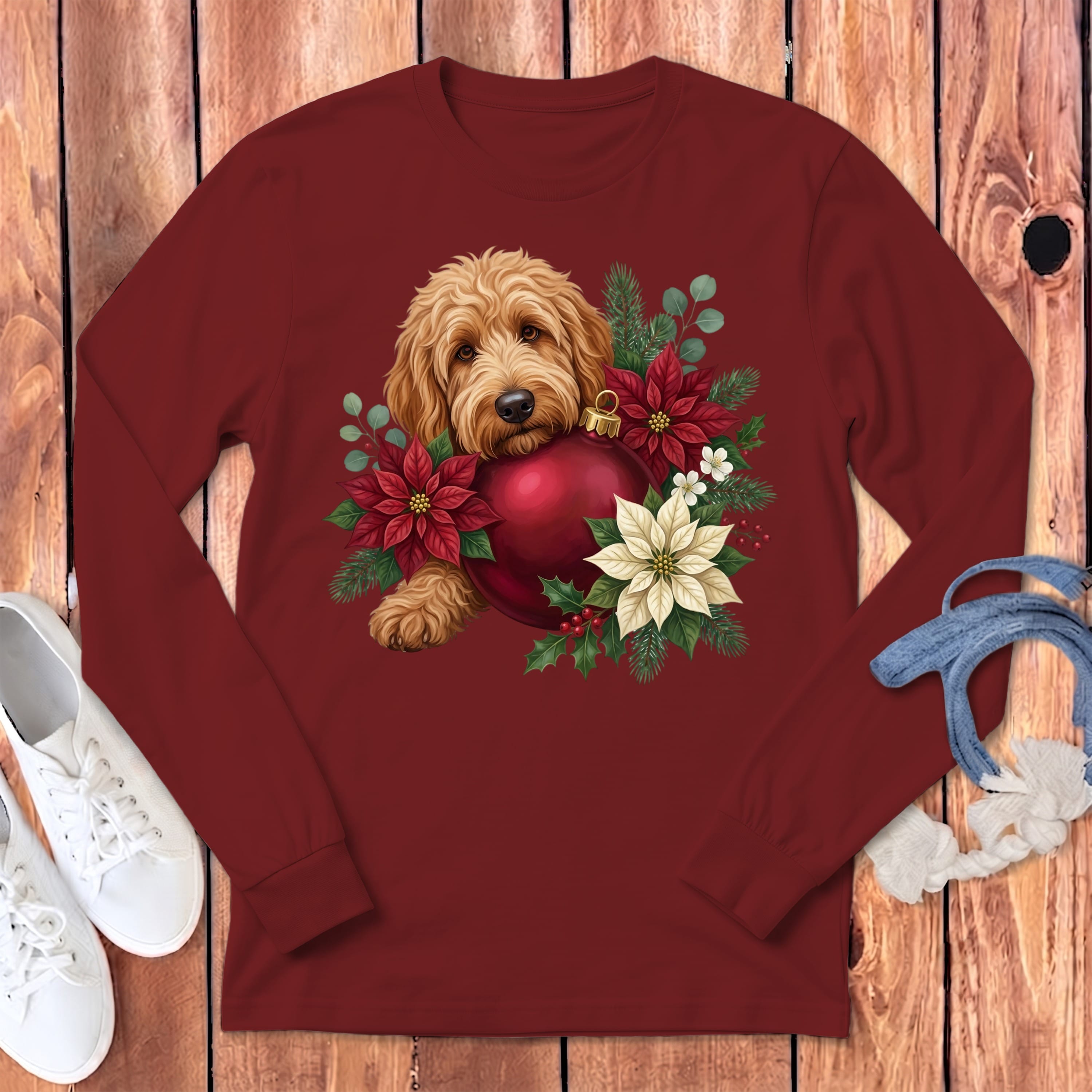 Apricot Goldendoodle Holiday Cheer Long Sleeve T-Shirt in S / Cardinal by Puppy Jo