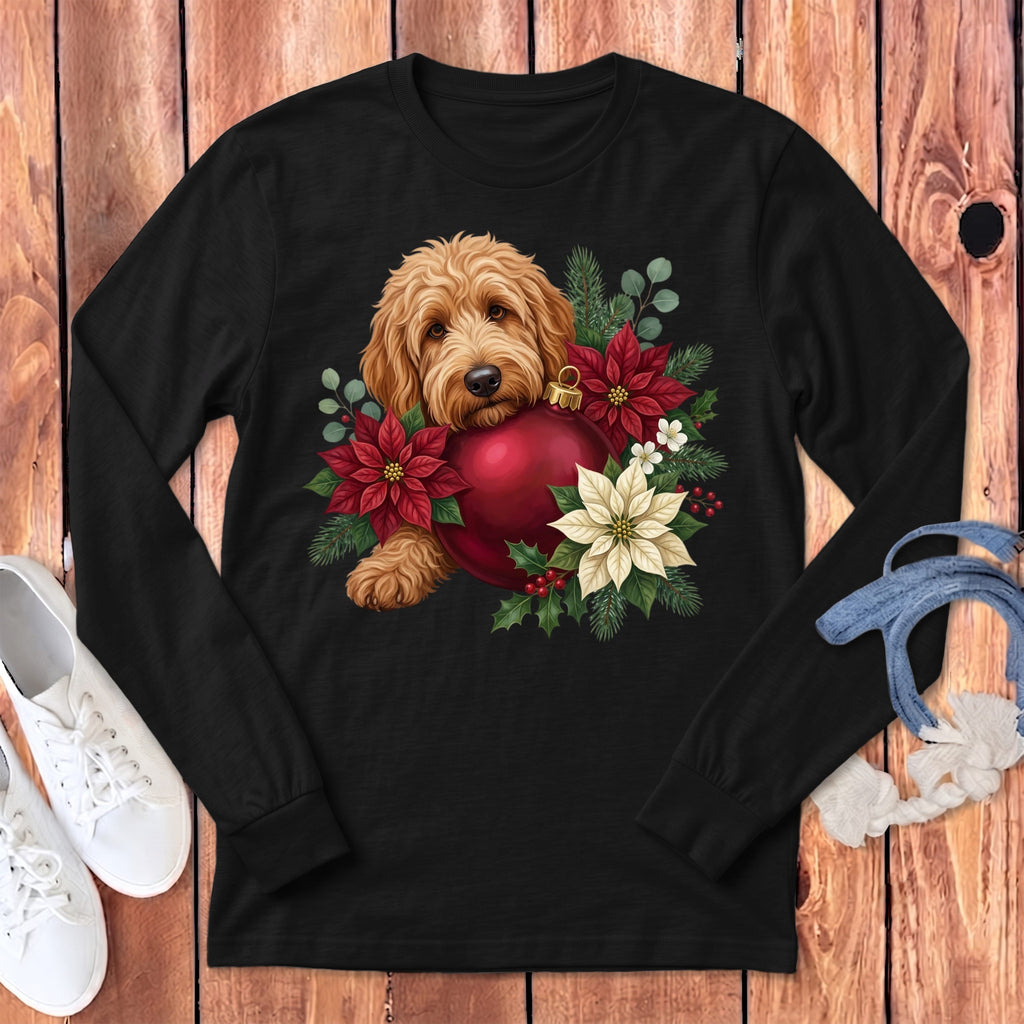 Apricot Goldendoodle Holiday Cheer Long Sleeve T-Shirt in S / Dark Grey Heather by Puppy Jo
