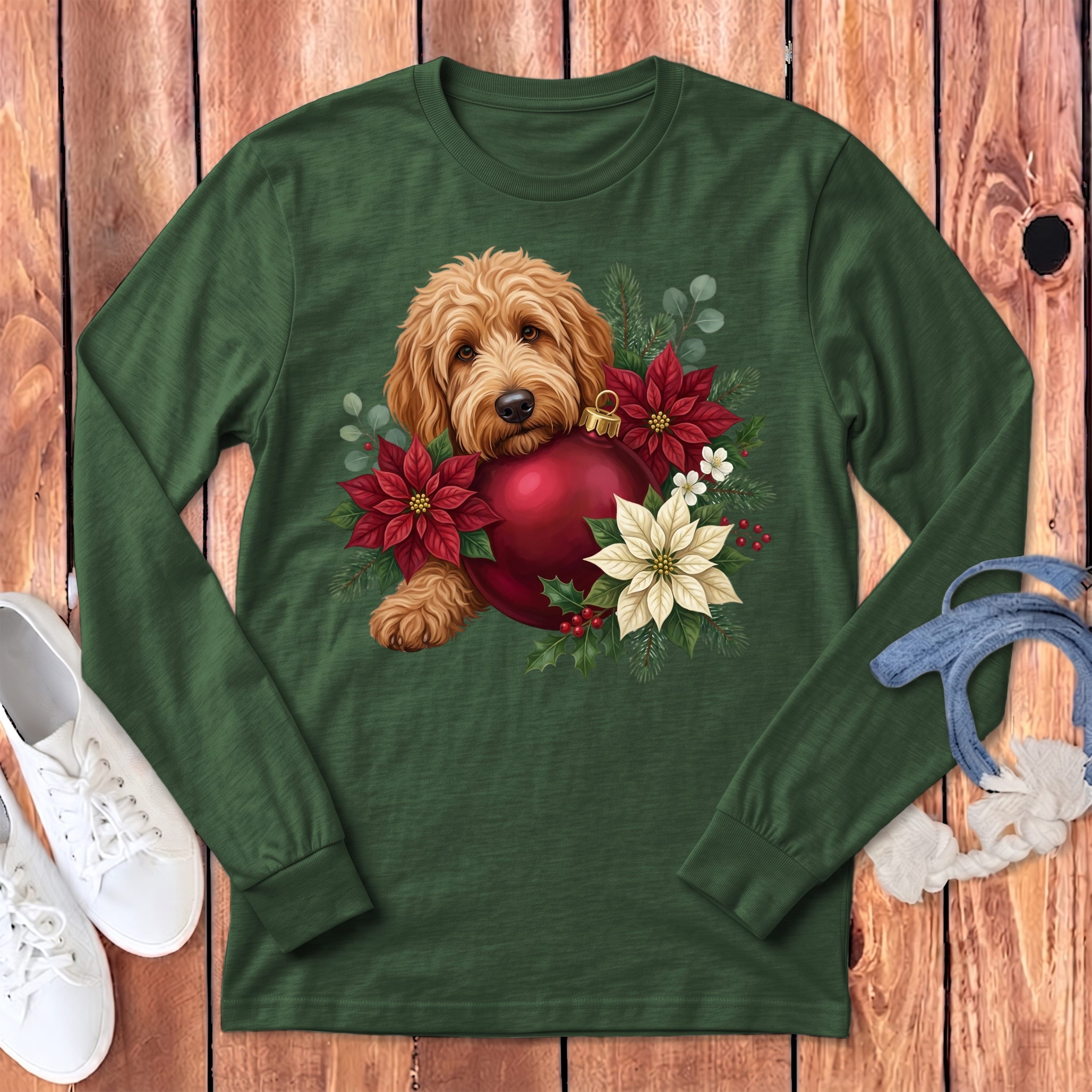 Apricot Goldendoodle Holiday Cheer Long Sleeve T-Shirt in S / Heather Forest by Puppy Jo