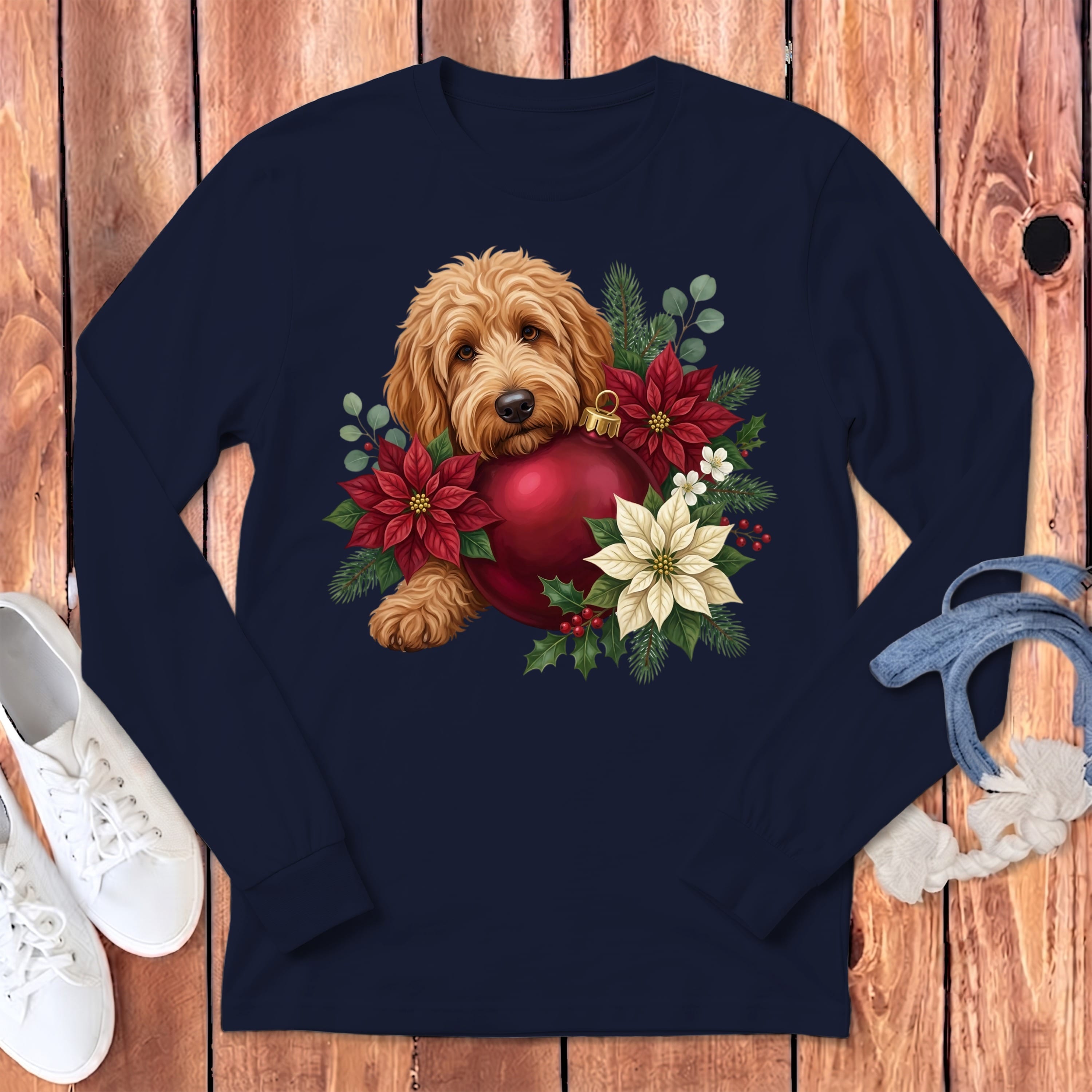 Apricot Goldendoodle Holiday Cheer Long Sleeve T-Shirt in S / Navy by Puppy Jo