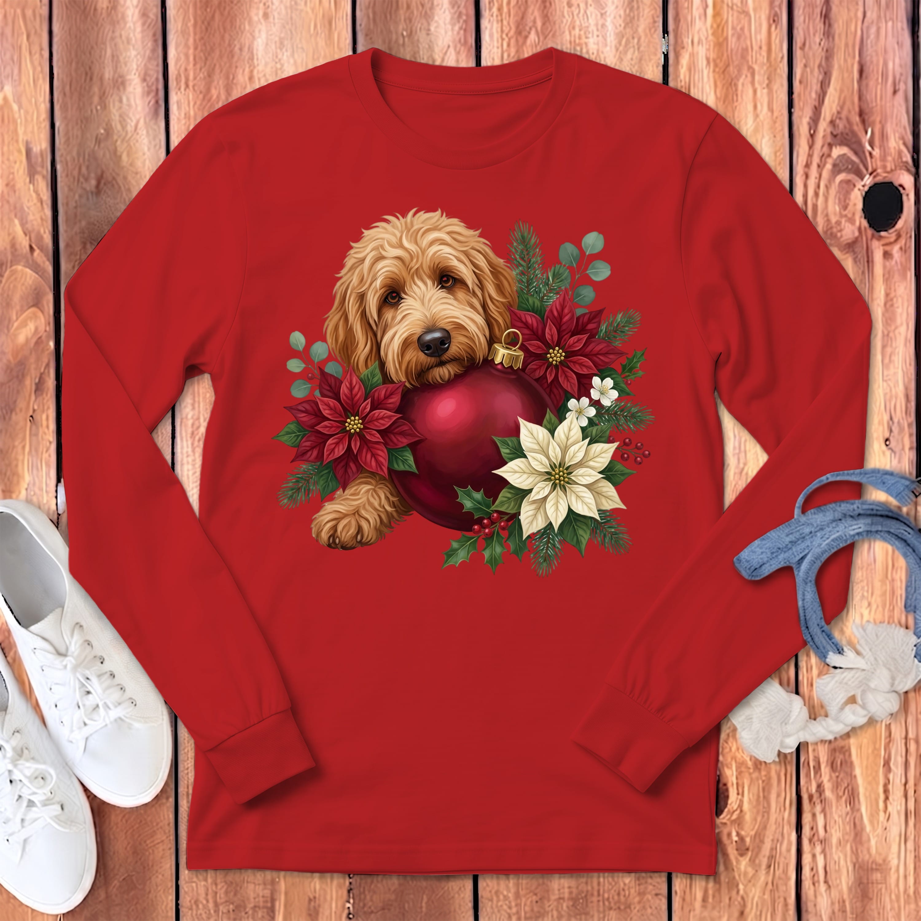 Apricot Goldendoodle Holiday Cheer Long Sleeve T-Shirt in S / Red by Puppy Jo