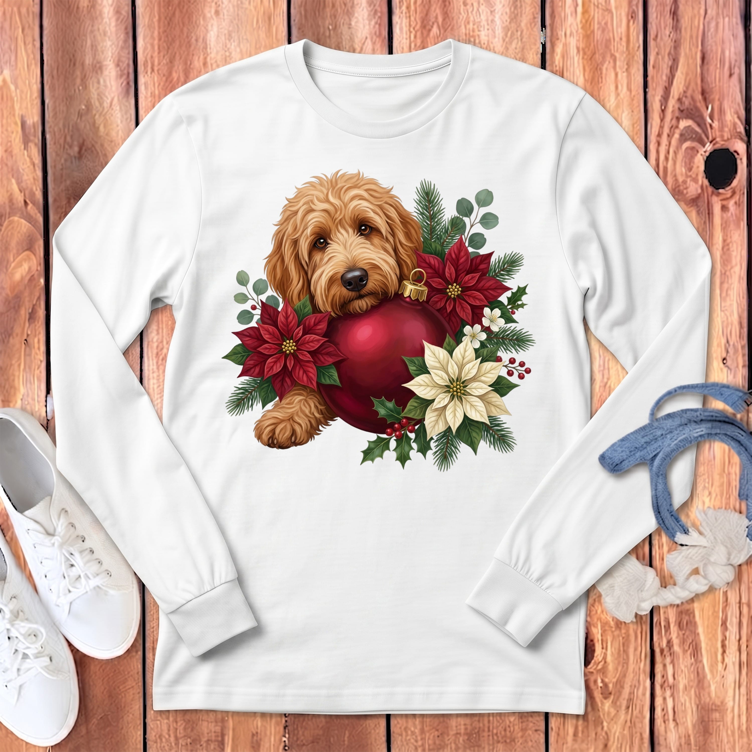 Apricot Goldendoodle Holiday Cheer Long Sleeve T-Shirt in S / White by Puppy Jo