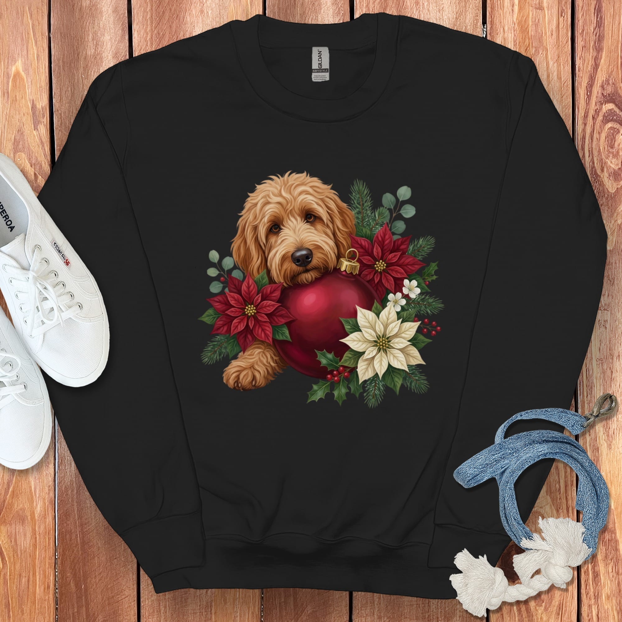 Apricot Goldendoodle Holiday Cheer Sweatshirt in Black / S by Puppy Jo