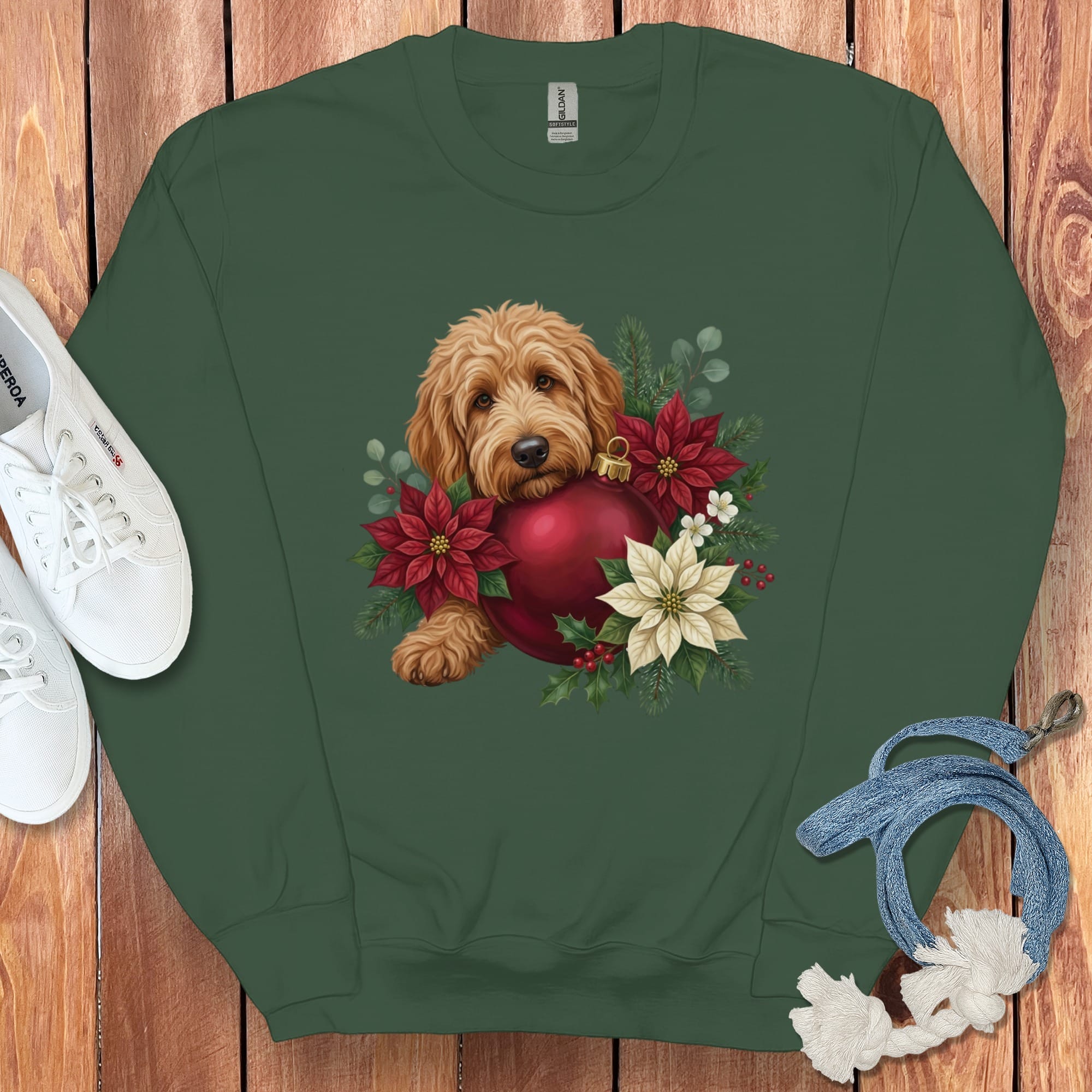 Apricot Goldendoodle Holiday Cheer Sweatshirt in Forest Green / S by Puppy Jo