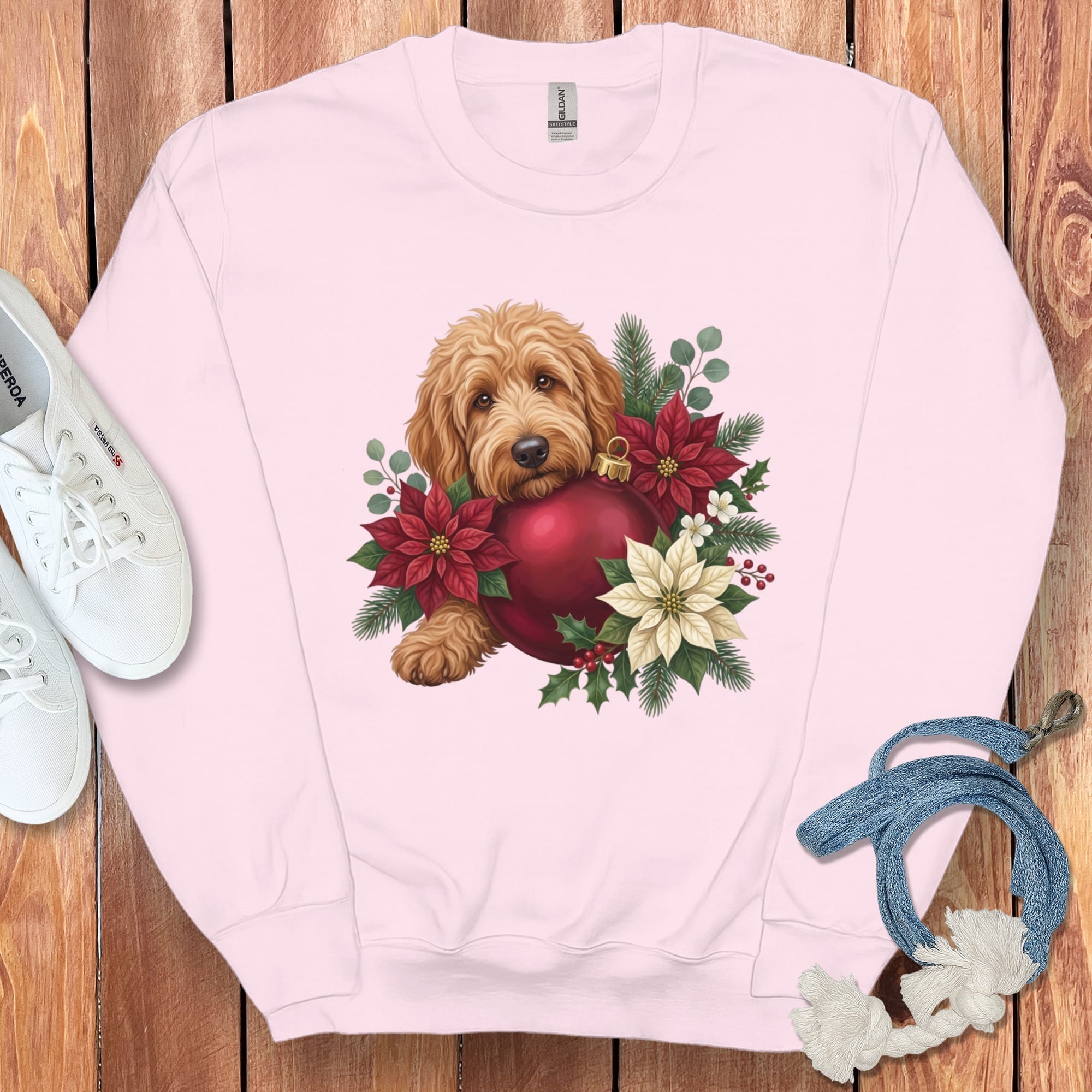 Apricot Goldendoodle Holiday Cheer Sweatshirt in Light Pink / S by Puppy Jo