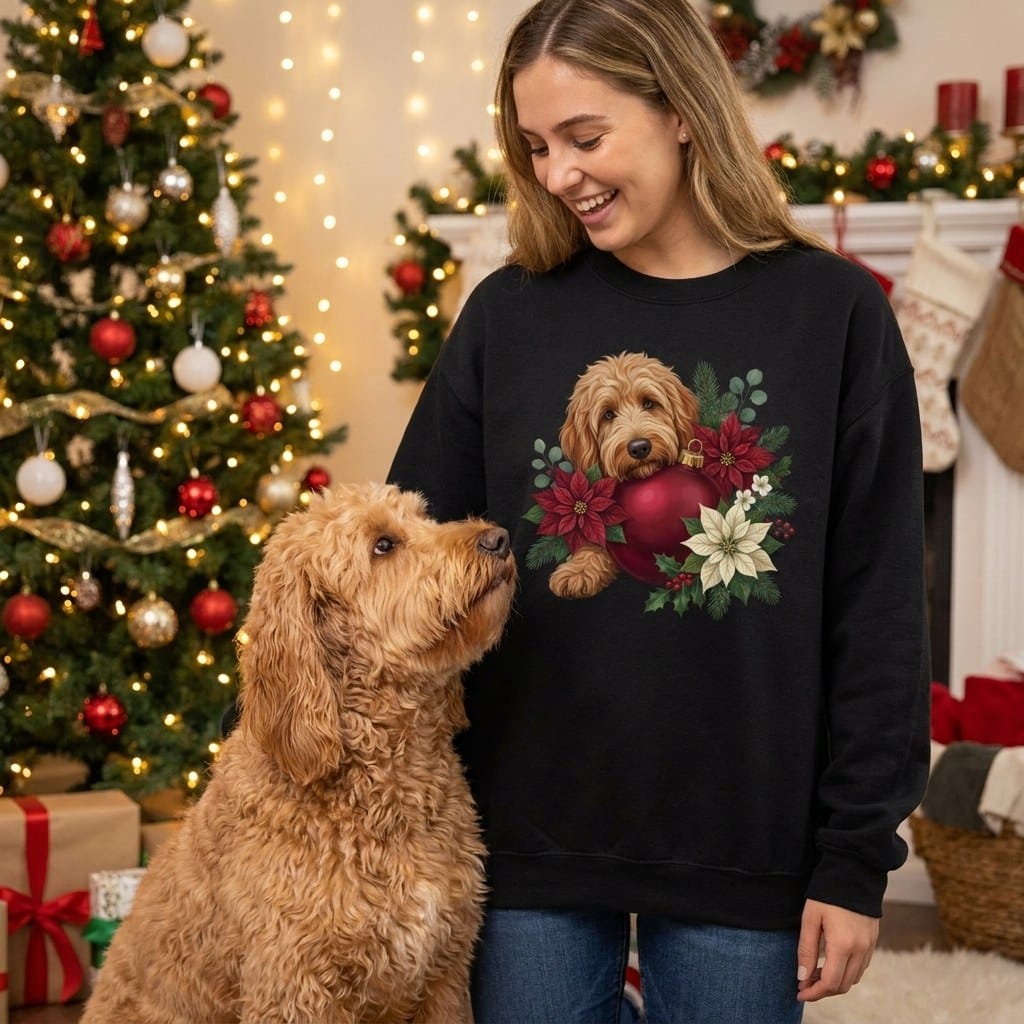 Apricot Goldendoodle Holiday Cheer Sweatshirt in by Puppy Jo