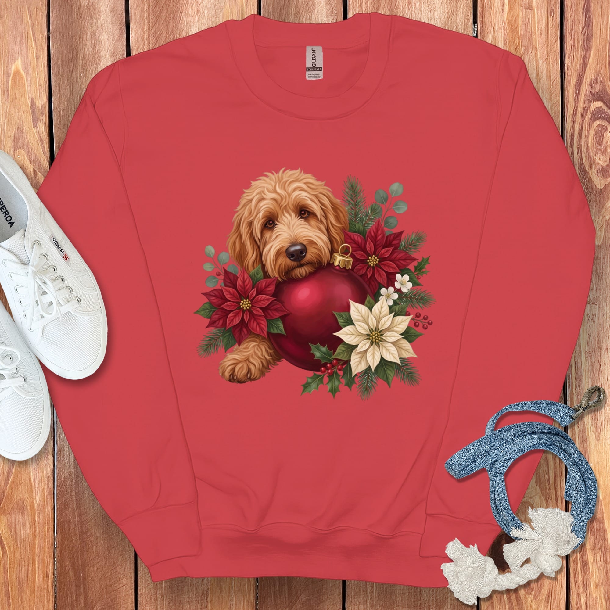 Apricot Goldendoodle Holiday Cheer Sweatshirt in Red / S by Puppy Jo