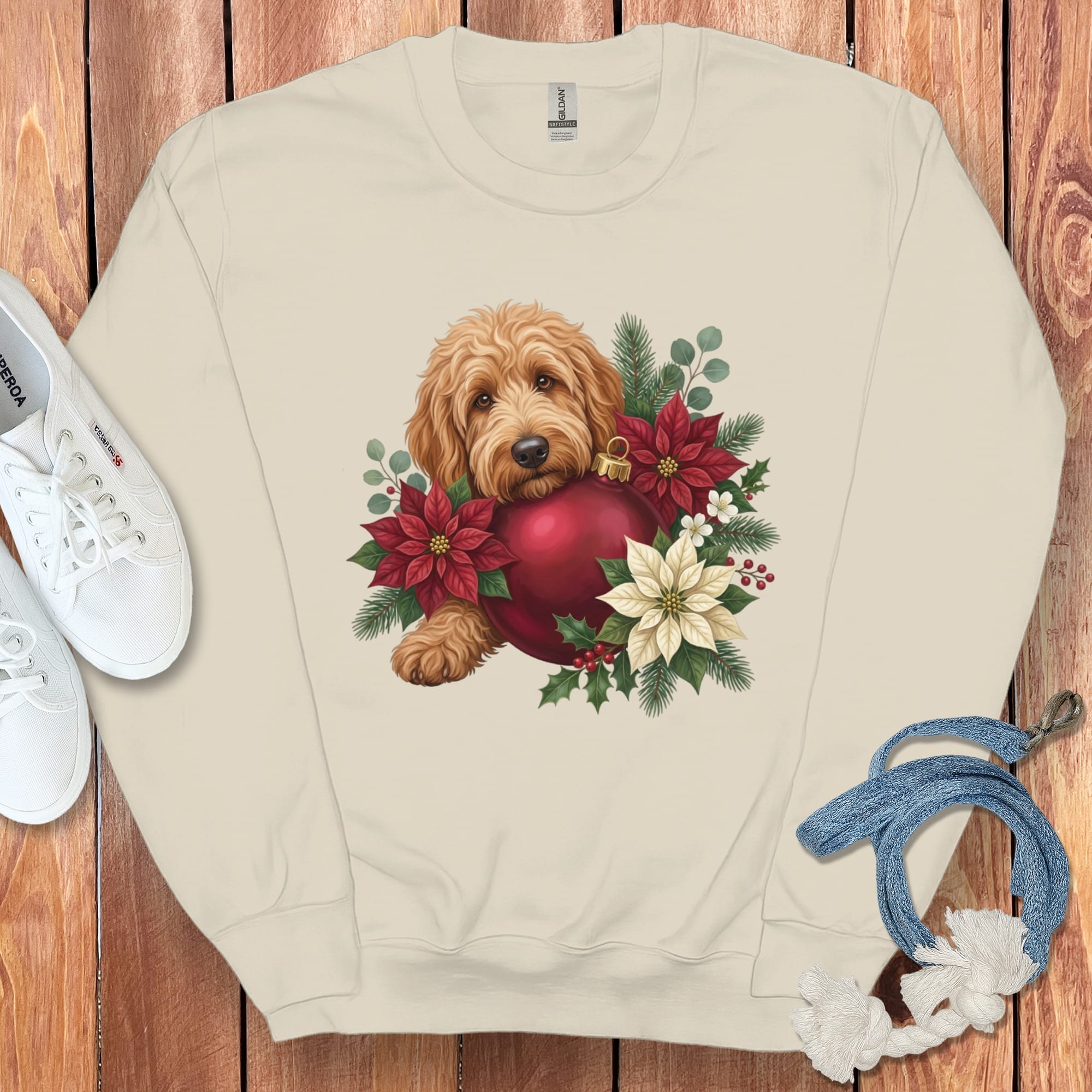 Apricot Goldendoodle Holiday Cheer Sweatshirt in Sand / S by Puppy Jo