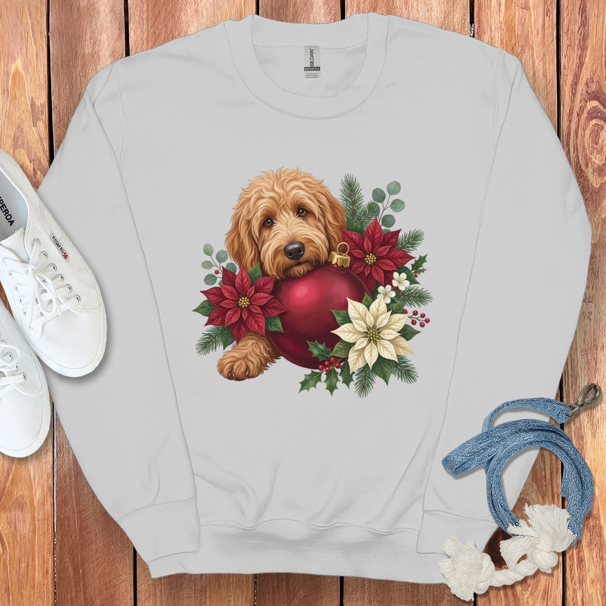 Apricot Goldendoodle Holiday Cheer Sweatshirt in Sport Grey / S by Puppy Jo