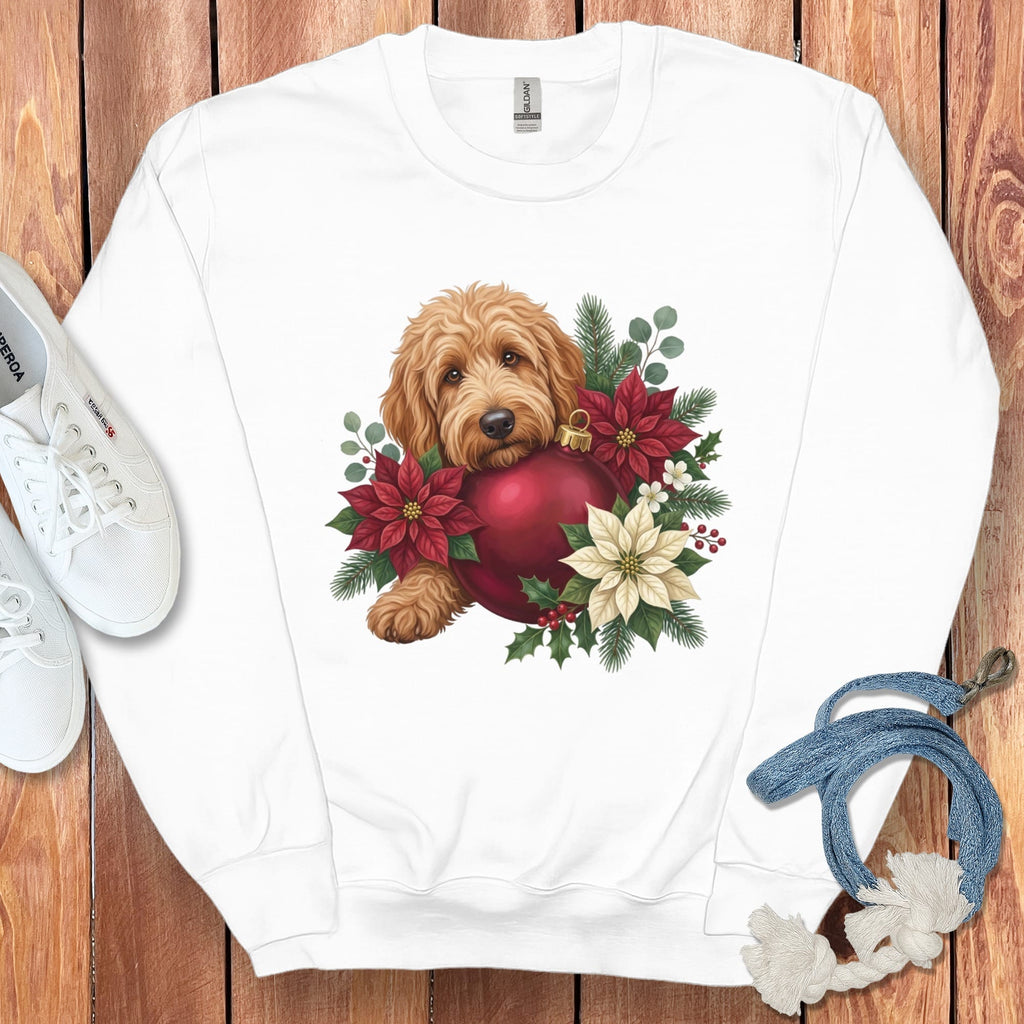 Apricot Goldendoodle Holiday Cheer Sweatshirt in White / S by Puppy Jo