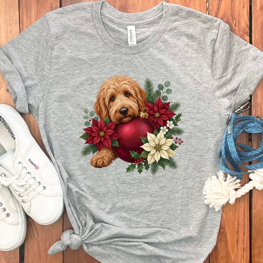Apricot Goldendoodle Holiday Cheer T-Shirt in Athletic Heather / S by Puppy Jo