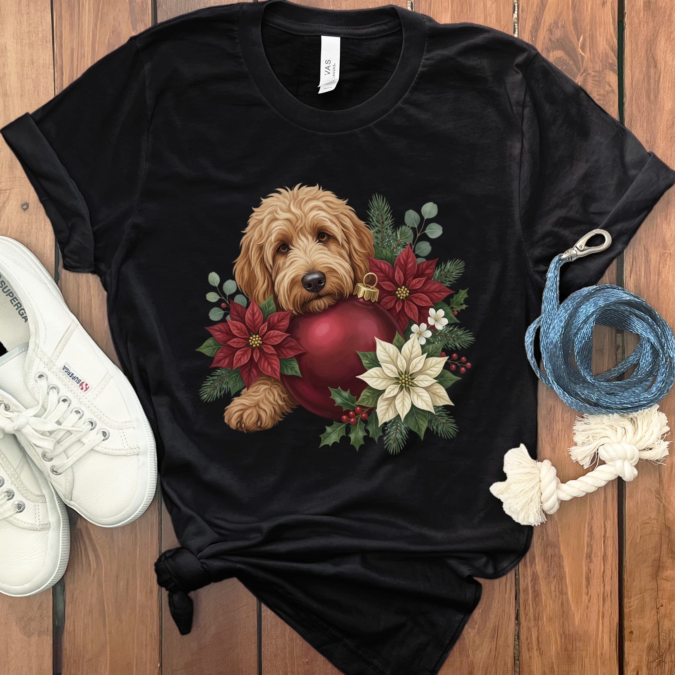 Apricot Goldendoodle Holiday Cheer T-Shirt in Black / S by Puppy Jo