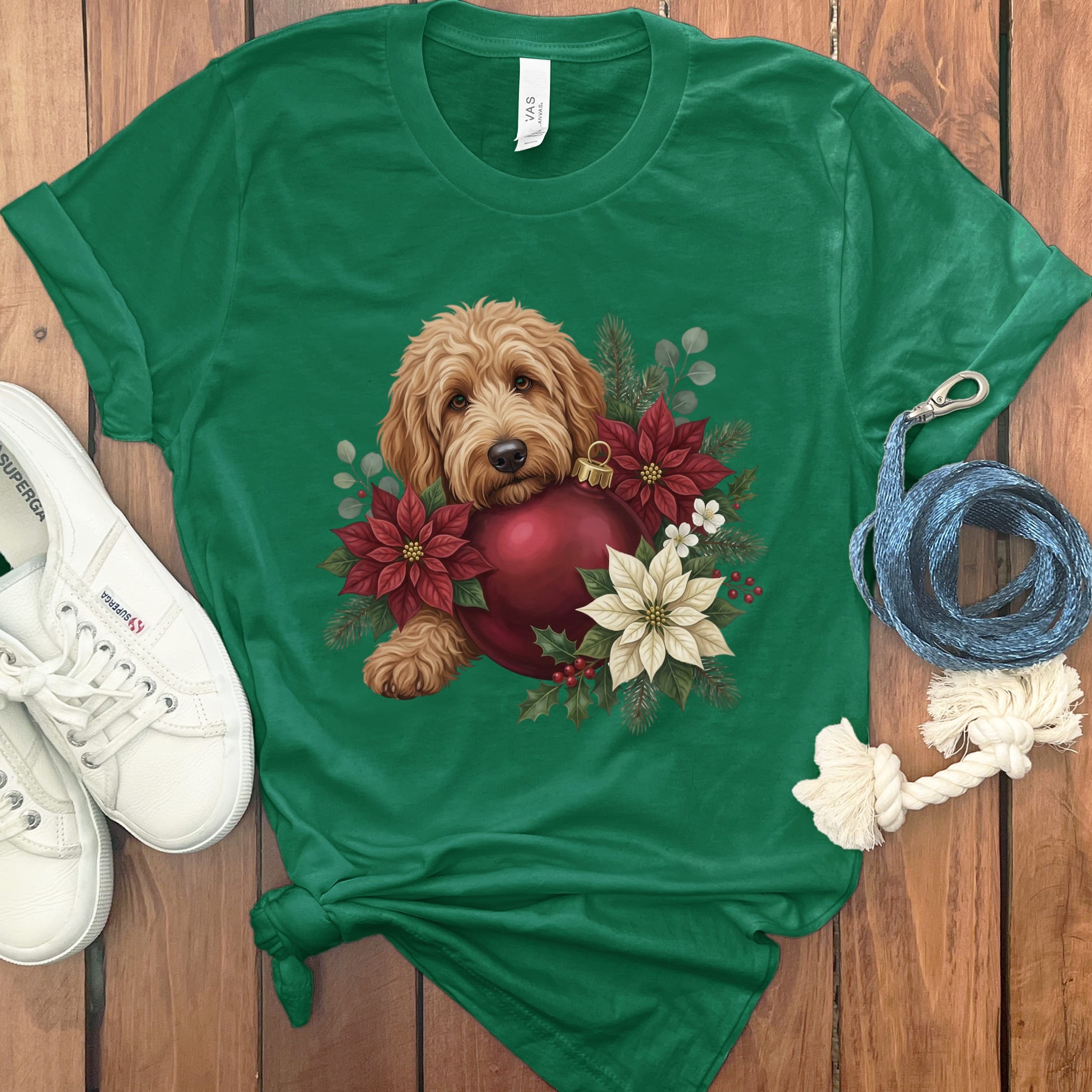 Apricot Goldendoodle Holiday Cheer T-Shirt in Kelly / S by Puppy Jo