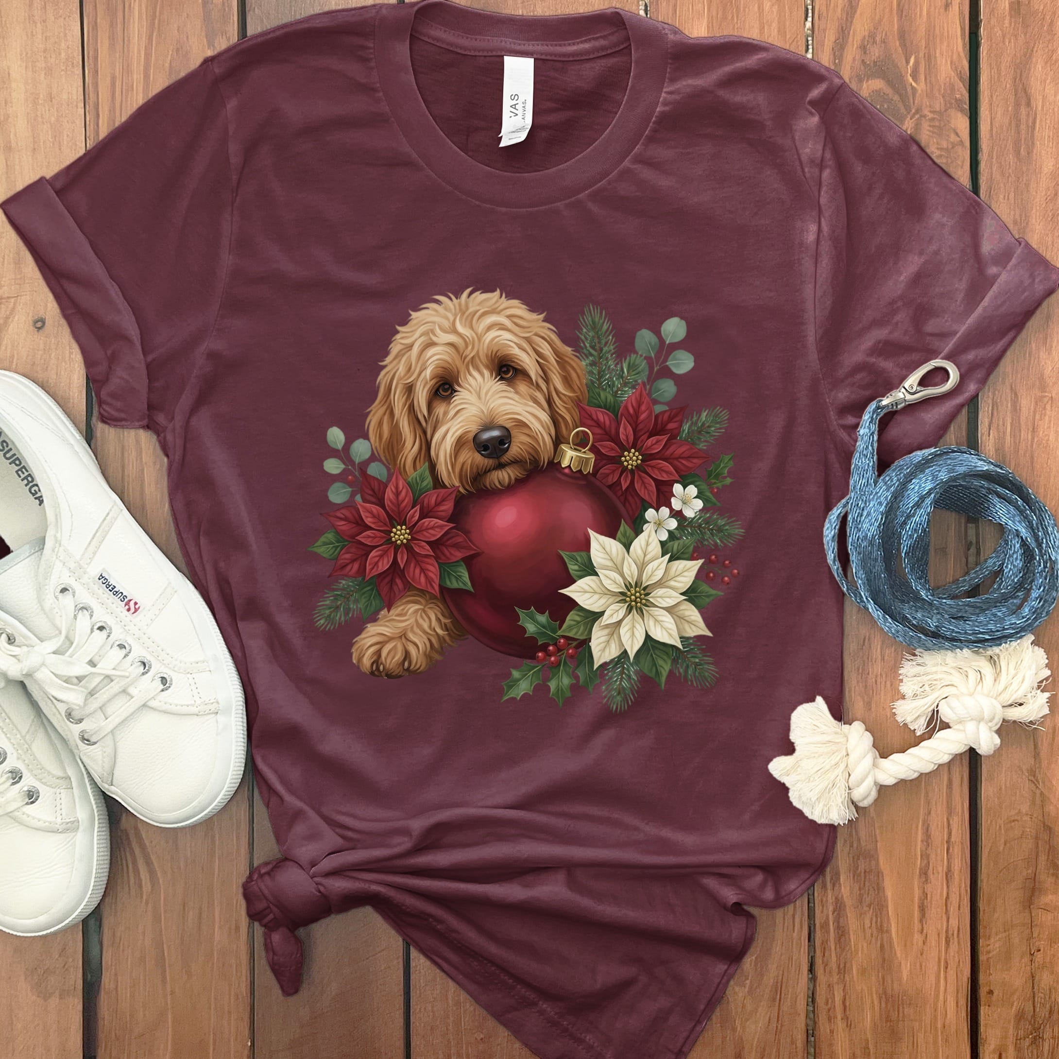 Apricot Goldendoodle Holiday Cheer T-Shirt in Maroon / S by Puppy Jo