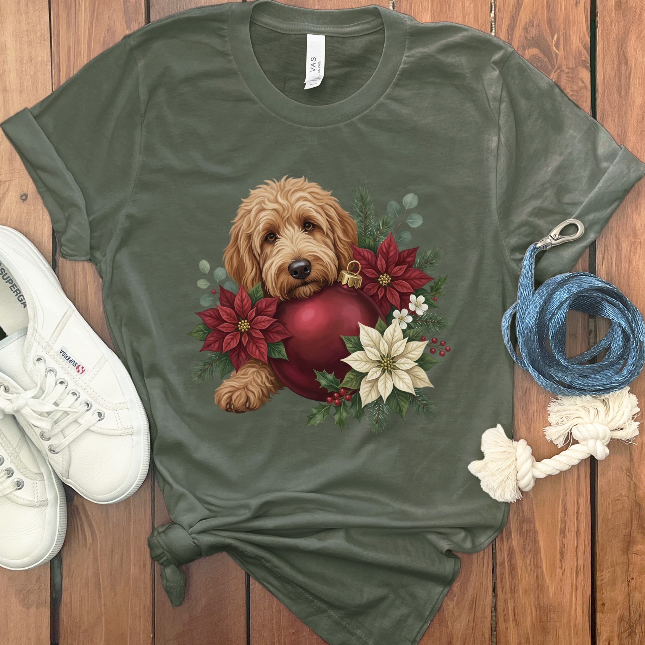 Apricot Goldendoodle Holiday Cheer T-Shirt in Military Green / S by Puppy Jo