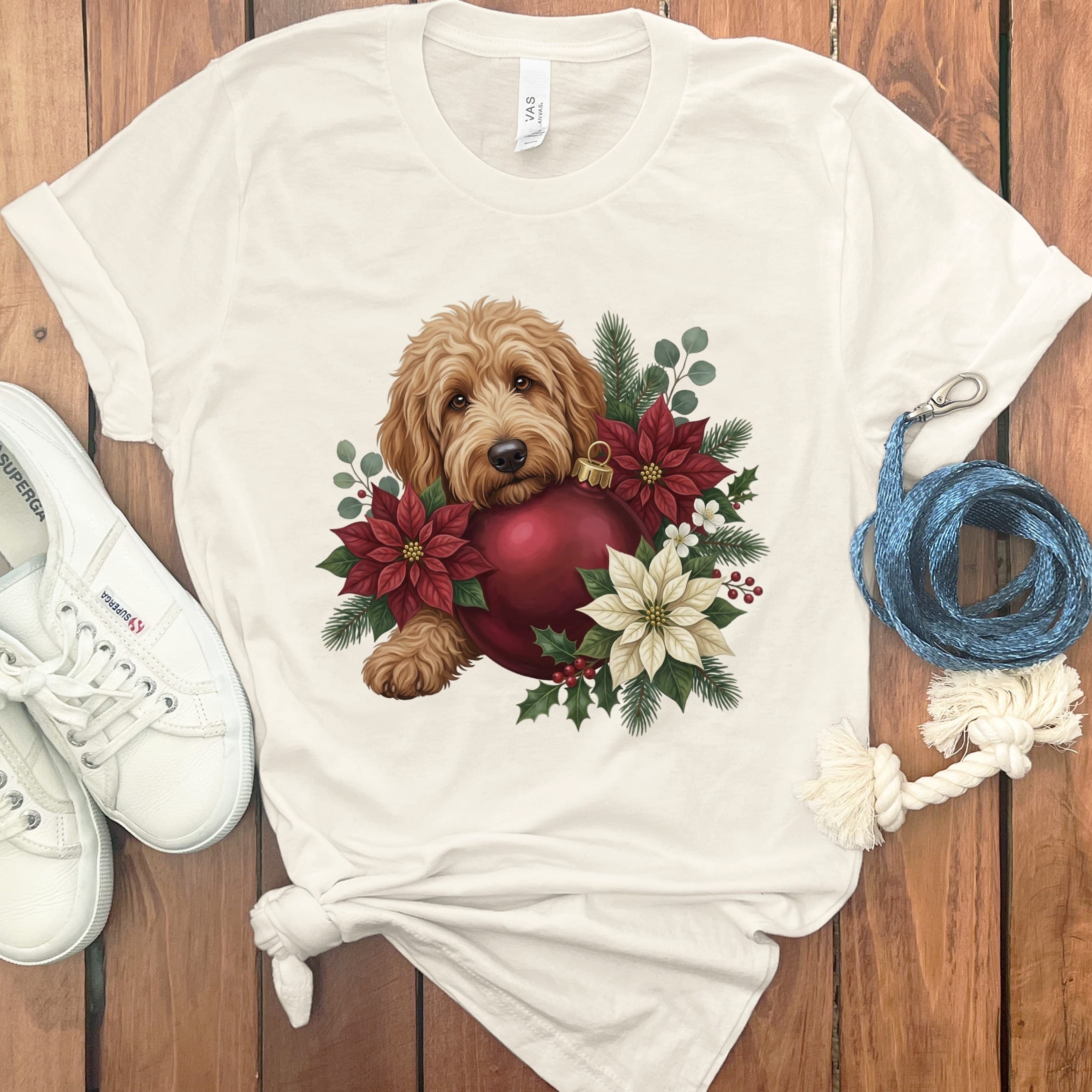Apricot Goldendoodle Holiday Cheer T-Shirt in Natural / S by Puppy Jo
