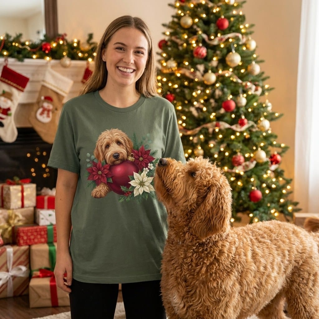 Apricot Goldendoodle Holiday Cheer T-Shirt in by Puppy Jo