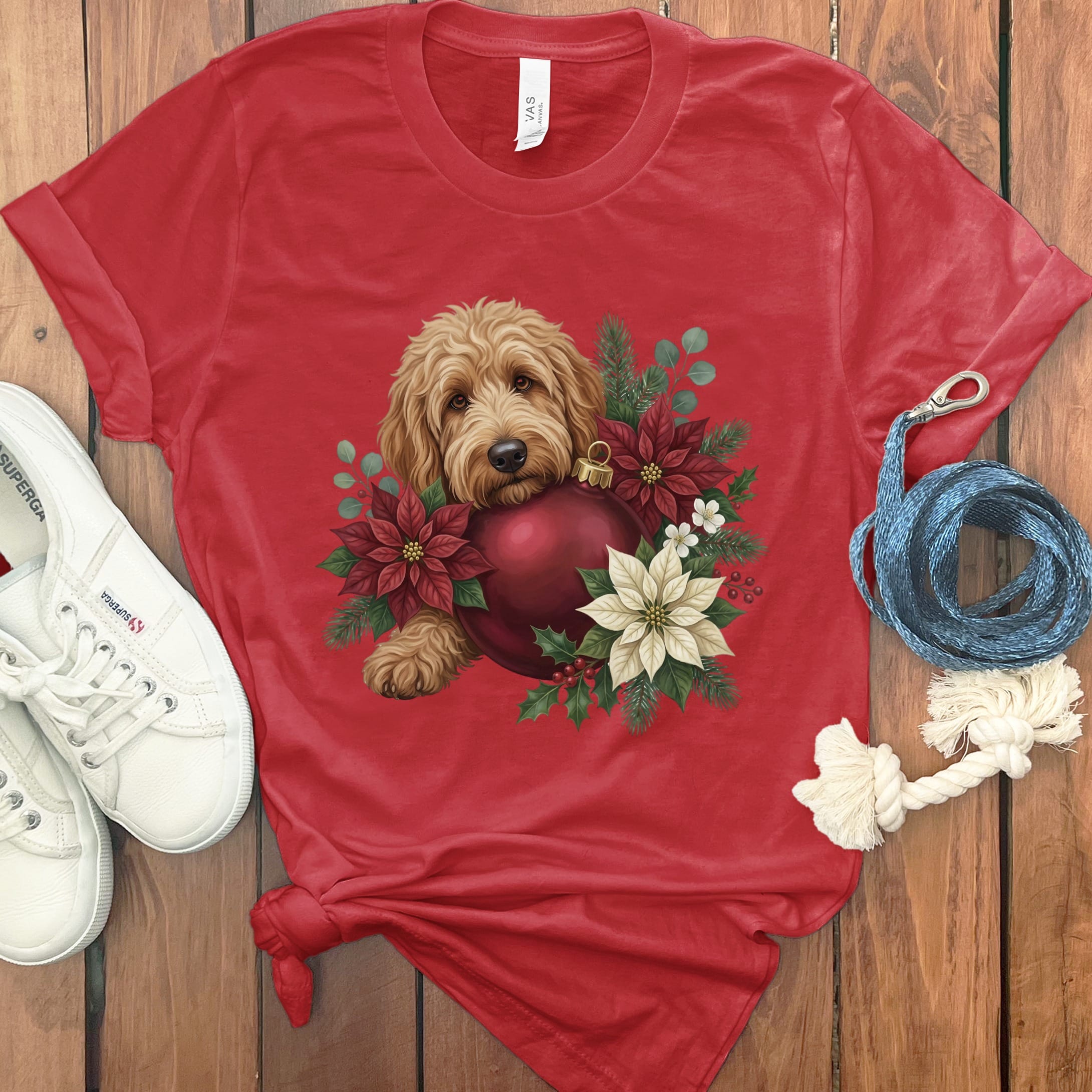 Apricot Goldendoodle Holiday Cheer T-Shirt in Red / S by Puppy Jo