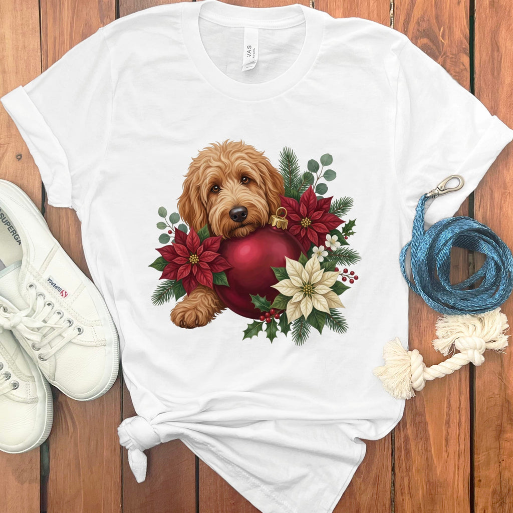 Apricot Goldendoodle Holiday Cheer T-Shirt in White / S by Puppy Jo
