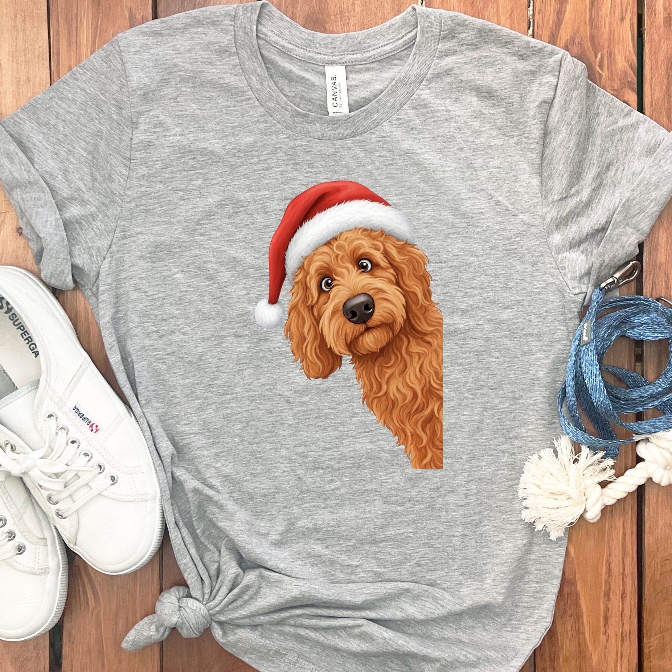 Apricot Goldendoodle Holiday Santa T-Shirt in Athletic Heather / S by Puppy Jo