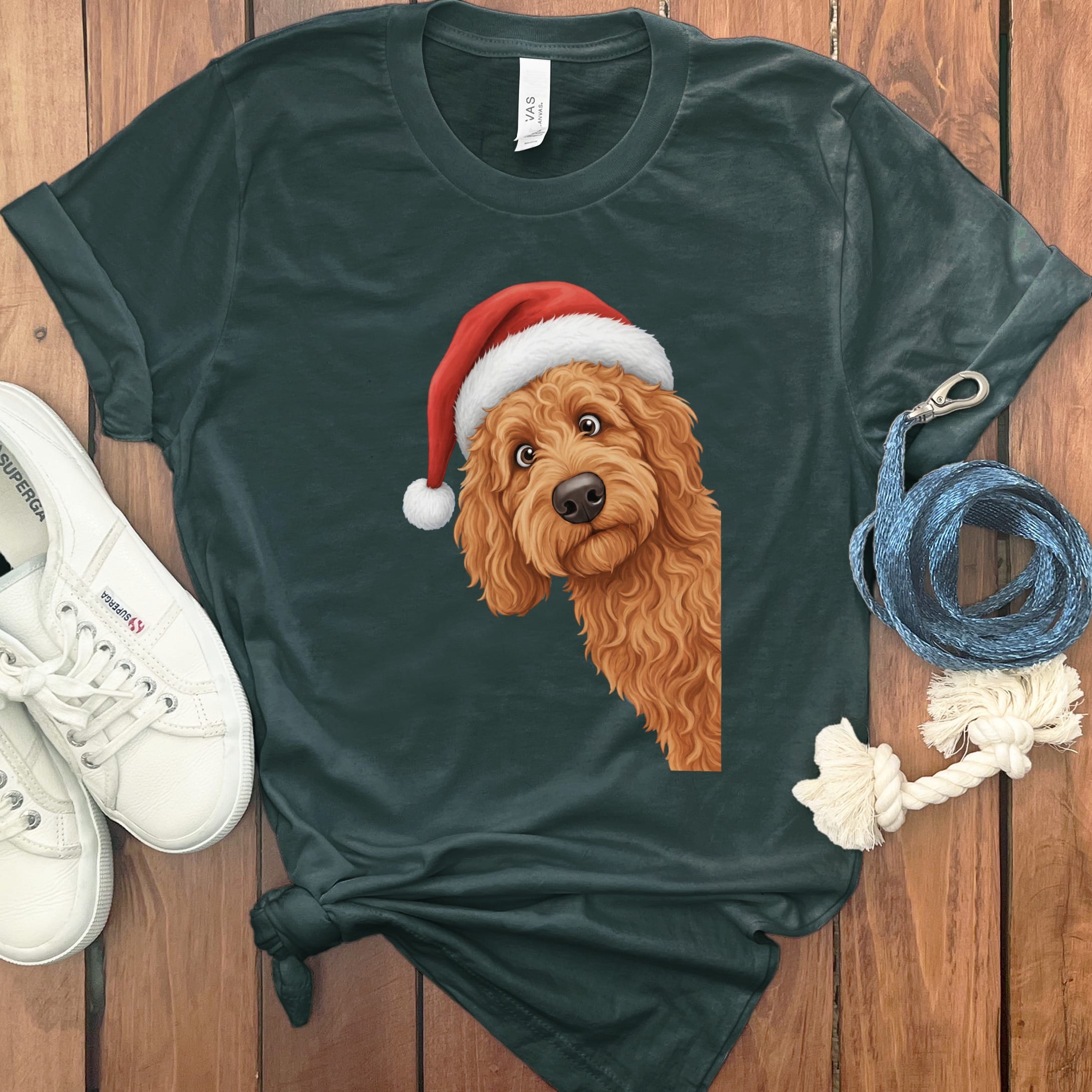 Apricot Goldendoodle Holiday Santa T-Shirt in Forest / S by Puppy Jo