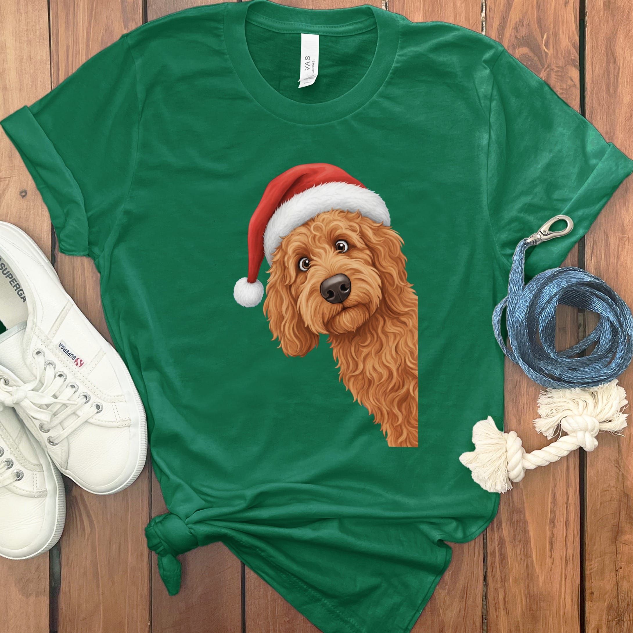 Apricot Goldendoodle Holiday Santa T-Shirt in Kelly / S by Puppy Jo