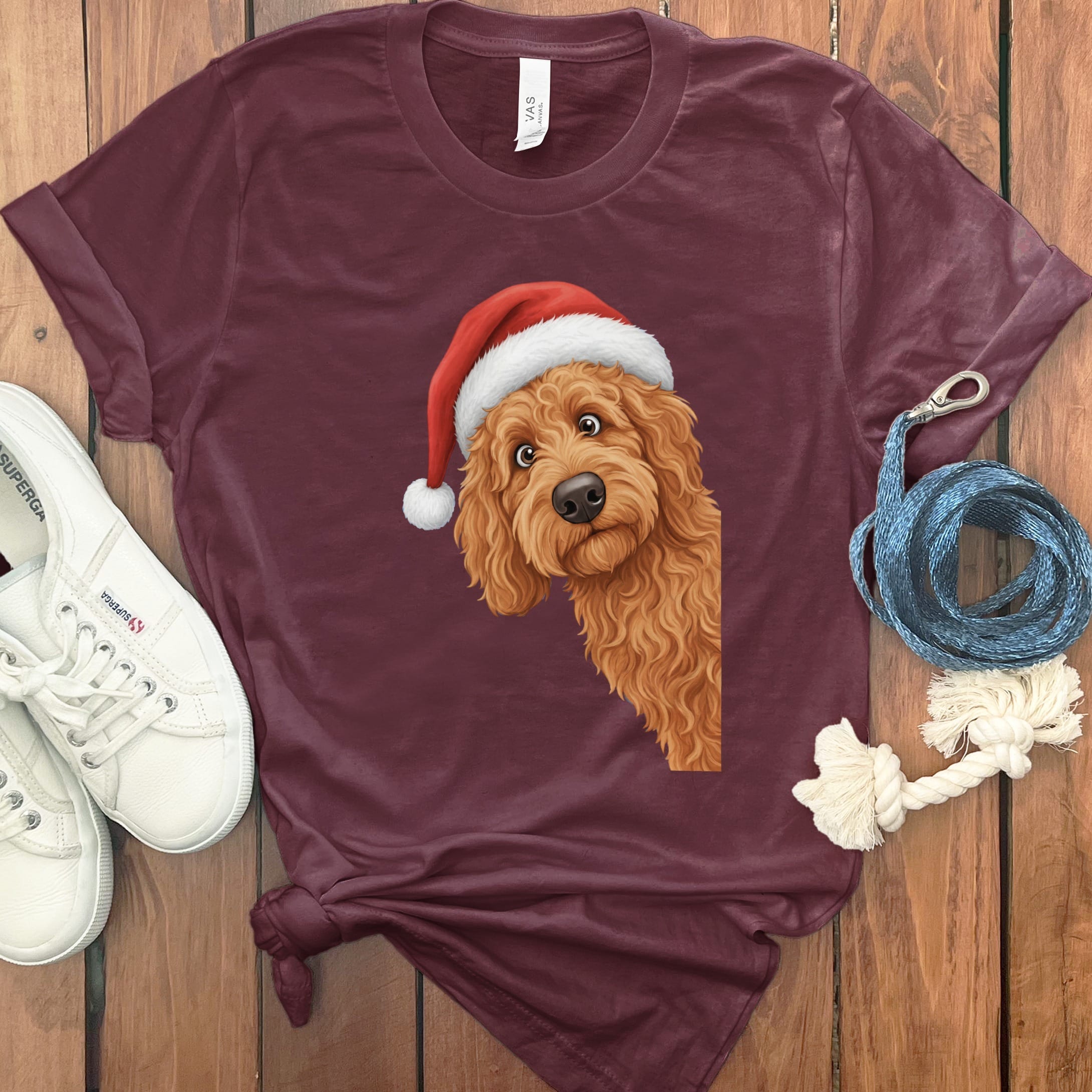 Apricot Goldendoodle Holiday Santa T-Shirt in Maroon / S by Puppy Jo