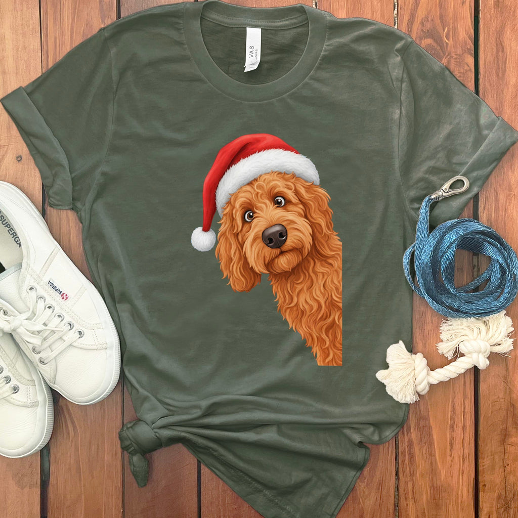 Apricot Goldendoodle Holiday Santa T-Shirt in Military Green / S by Puppy Jo