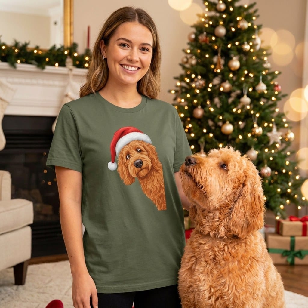 Apricot Goldendoodle Holiday Santa T-Shirt in by Puppy Jo