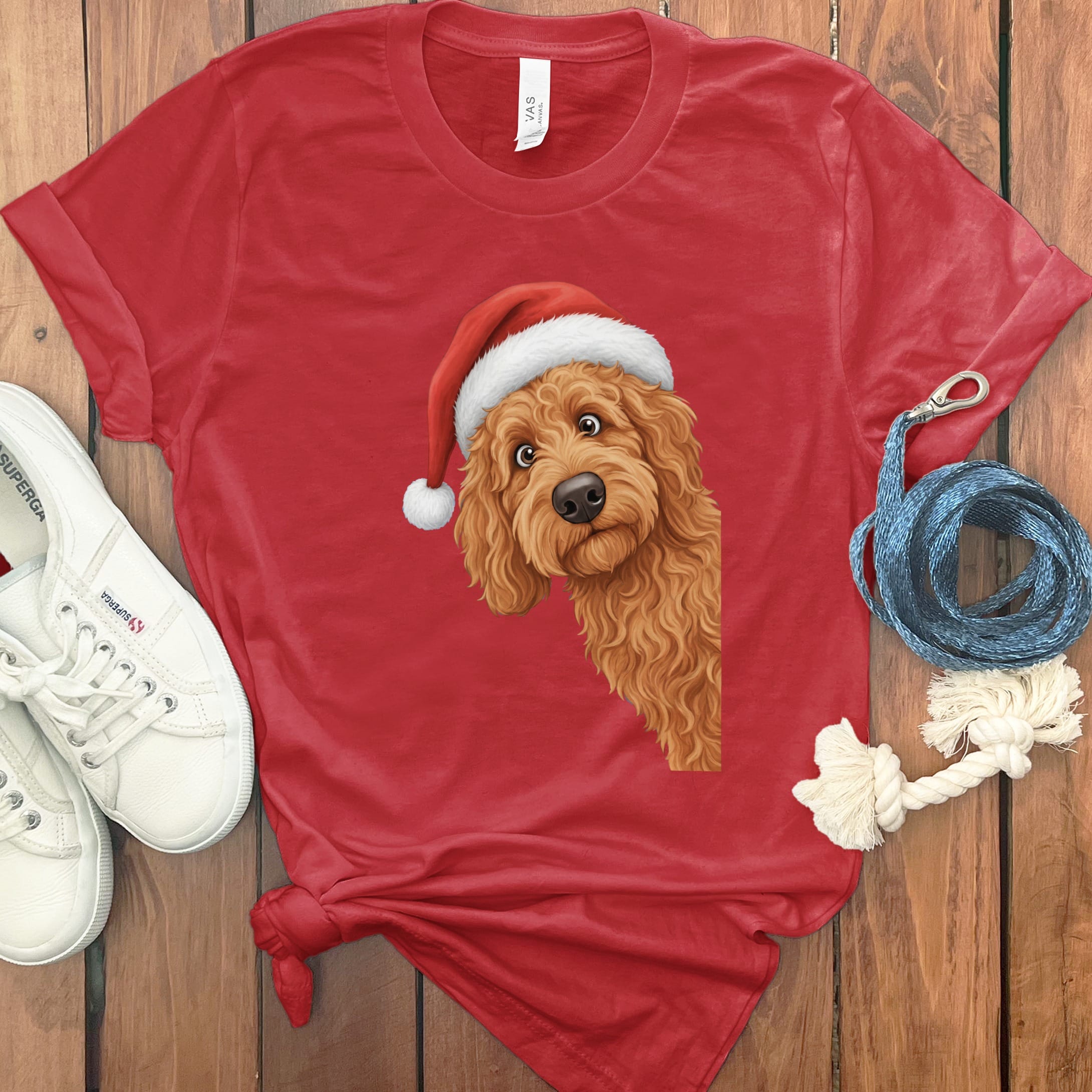 Apricot Goldendoodle Holiday Santa T-Shirt in Red / S by Puppy Jo