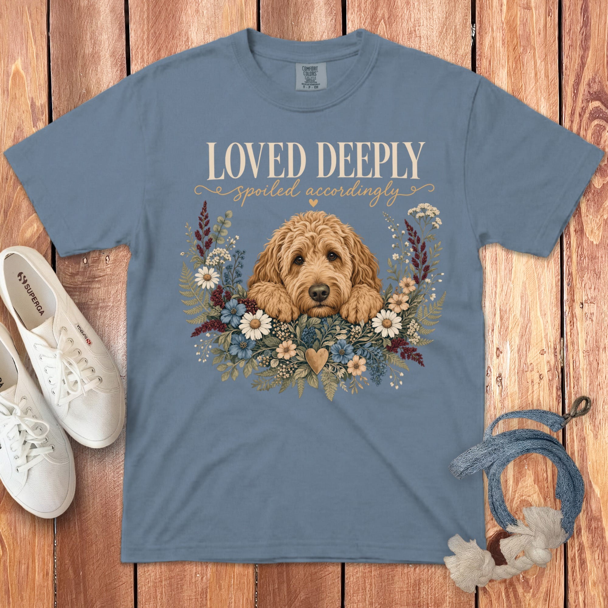 Apricot Goldendoodle Loved Signature T-Shirt in S / Blue Jean by Puppy Jo