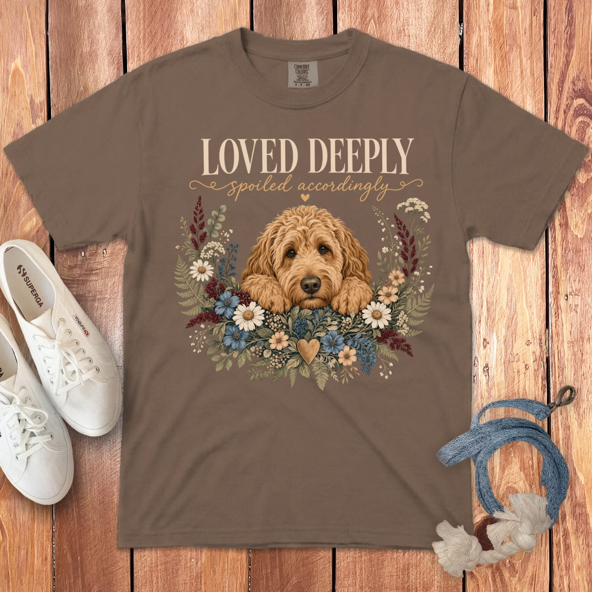 Apricot Goldendoodle Loved Signature T-Shirt in S / Espresso by Puppy Jo