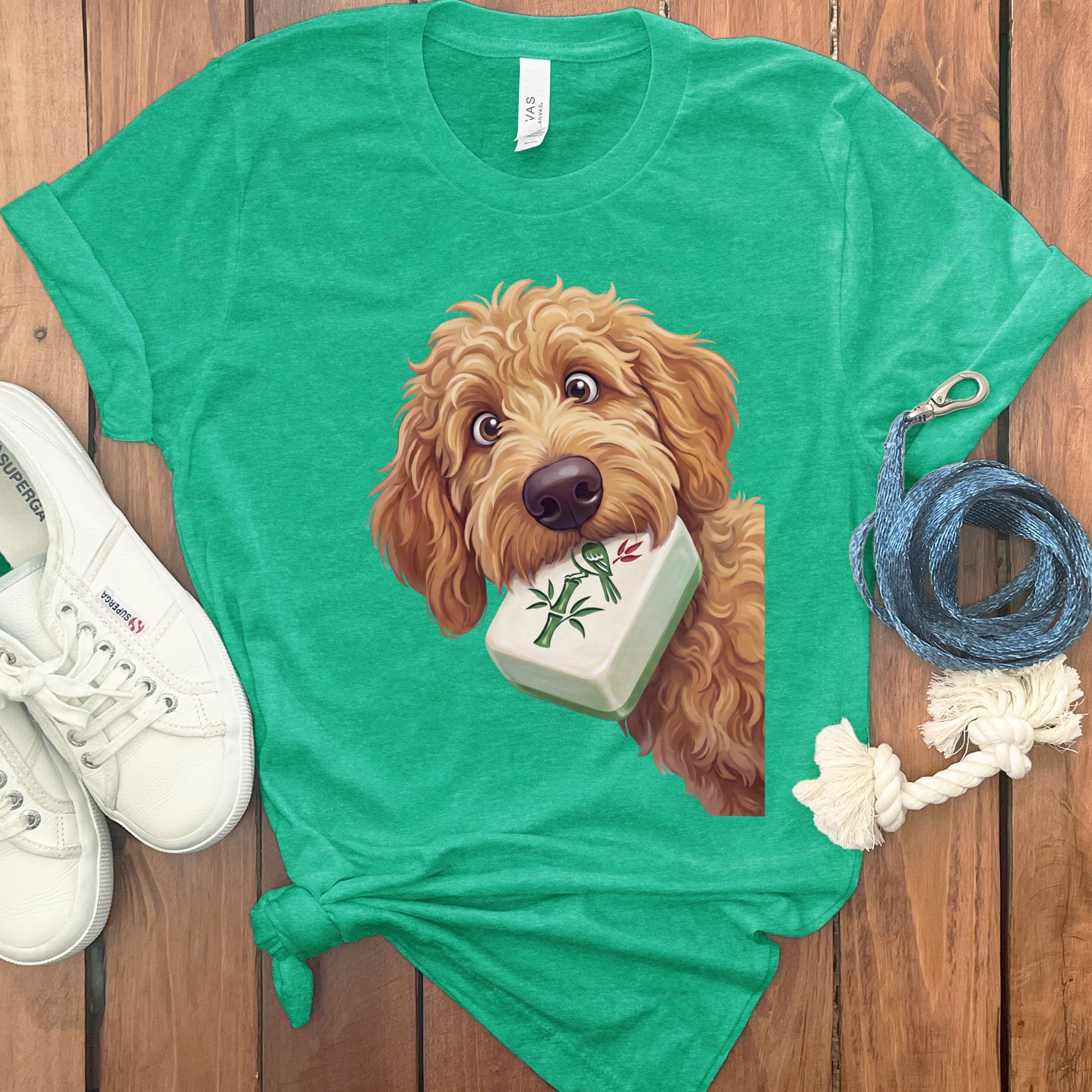 Apricot Goldendoodle Mahjong T-Shirt in Heather Kelly / S by Puppy Jo