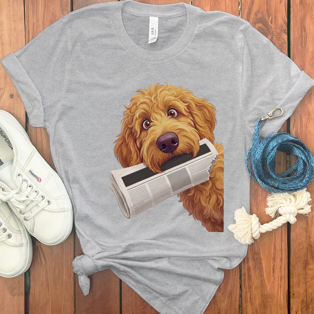 Apricot Goldendoodle Newspaper T-Shirt in Athletic Heather / S by Puppy Jo