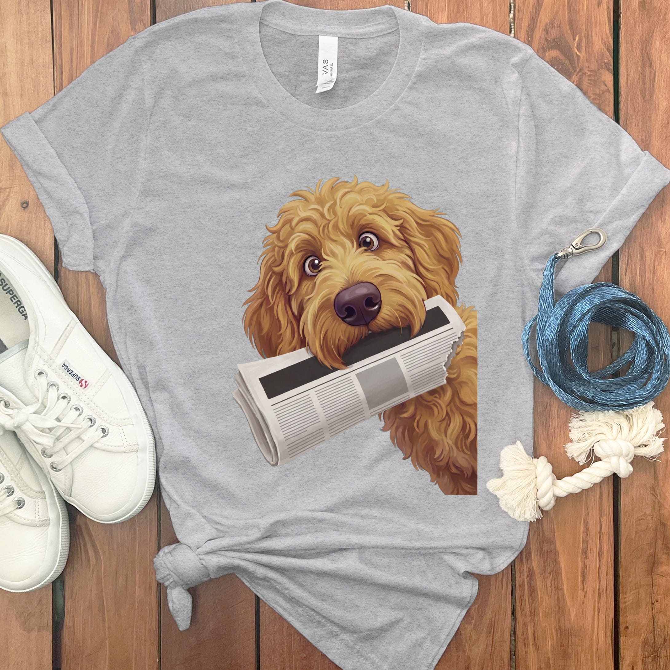 Apricot Goldendoodle Newspaper T-Shirt in Athletic Heather / S by Puppy Jo