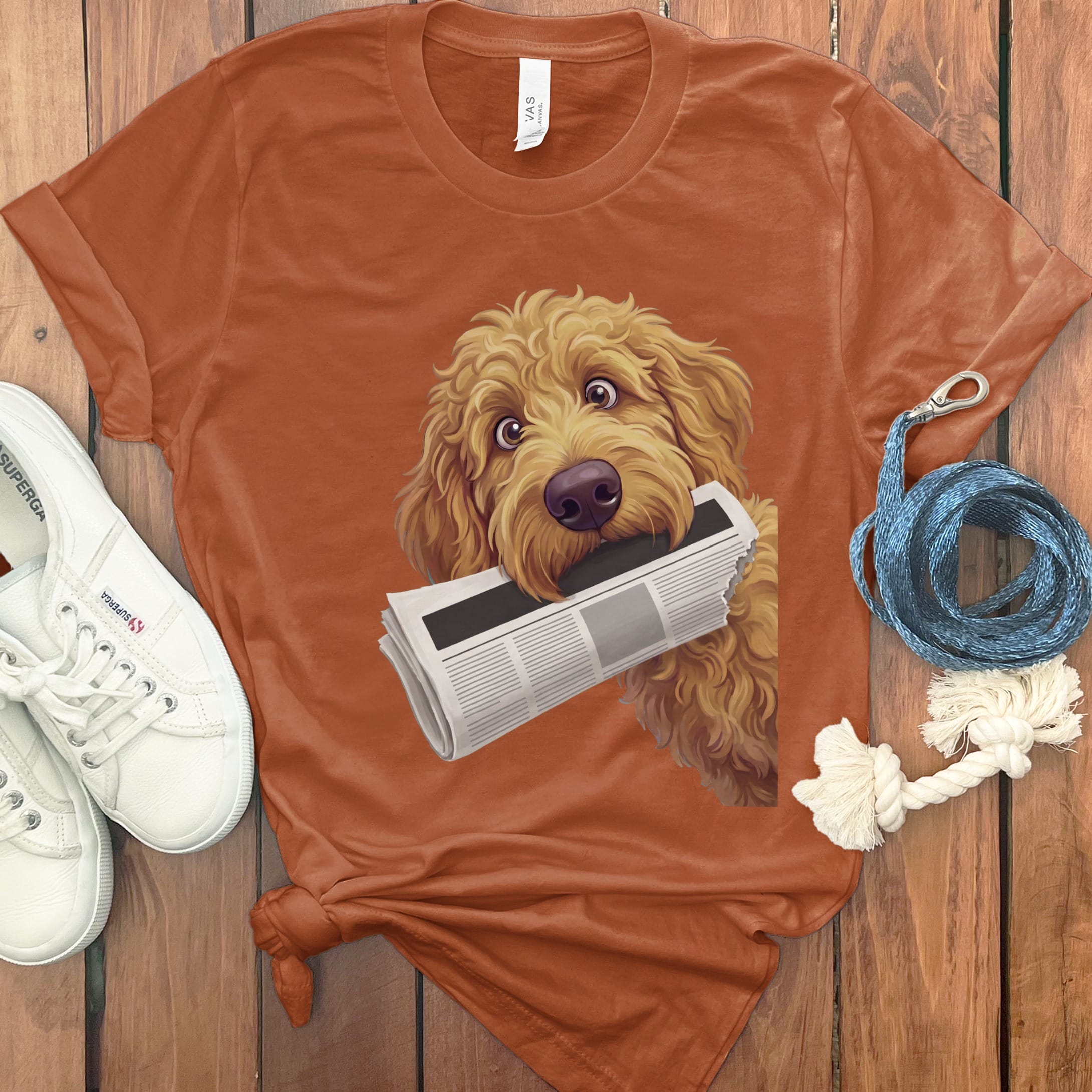 Apricot Goldendoodle Newspaper T-Shirt in Autumn / S by Puppy Jo